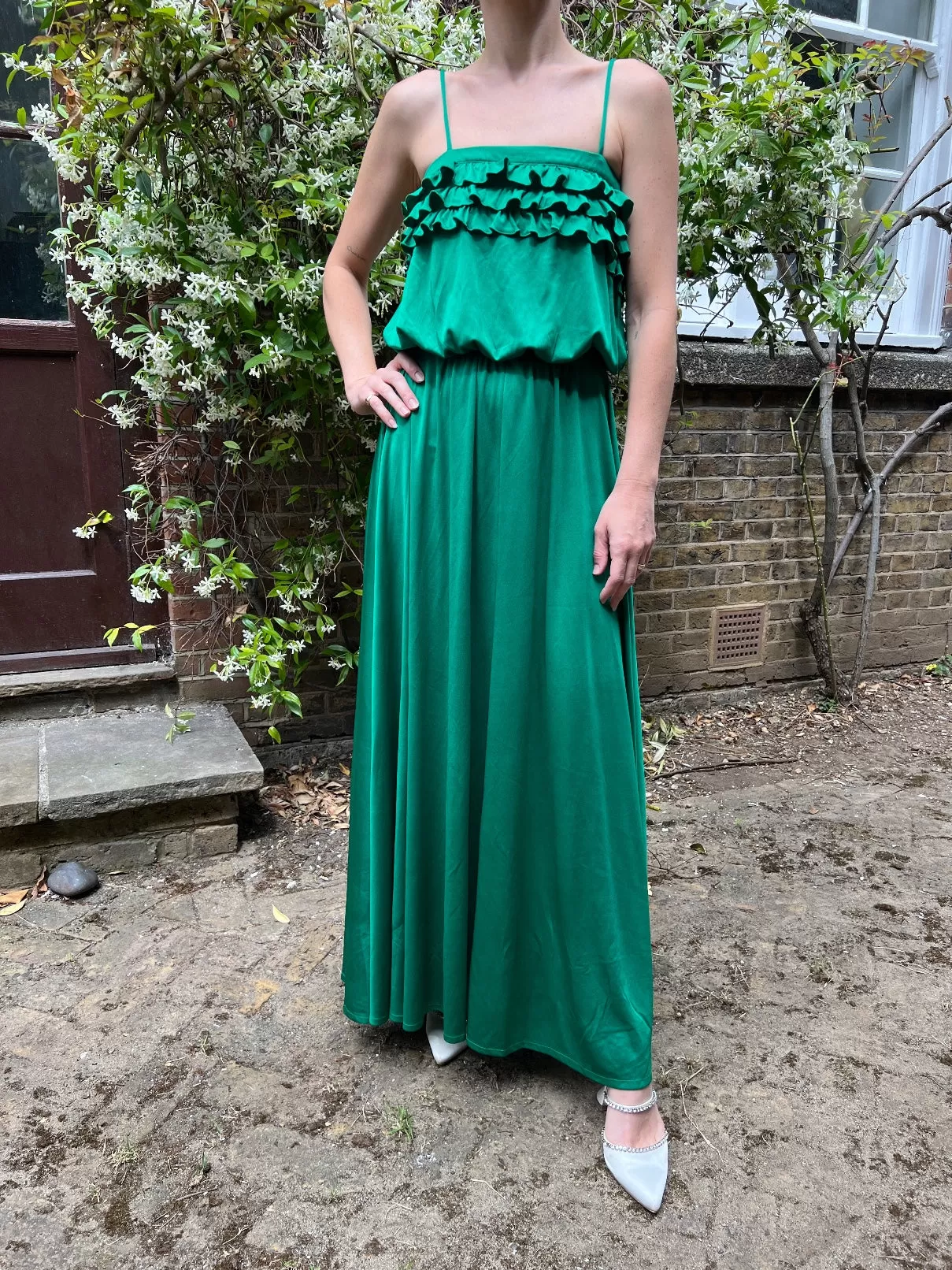 1970s Bernshaw Green Jersey Studio 54 Maxi Dress