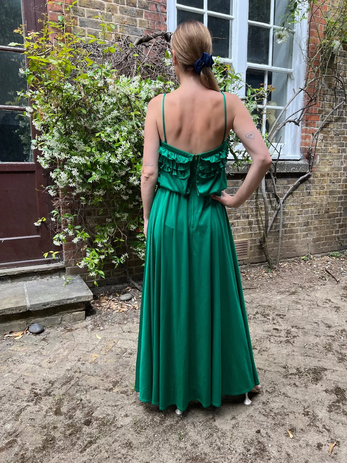 1970s Bernshaw Green Jersey Studio 54 Maxi Dress