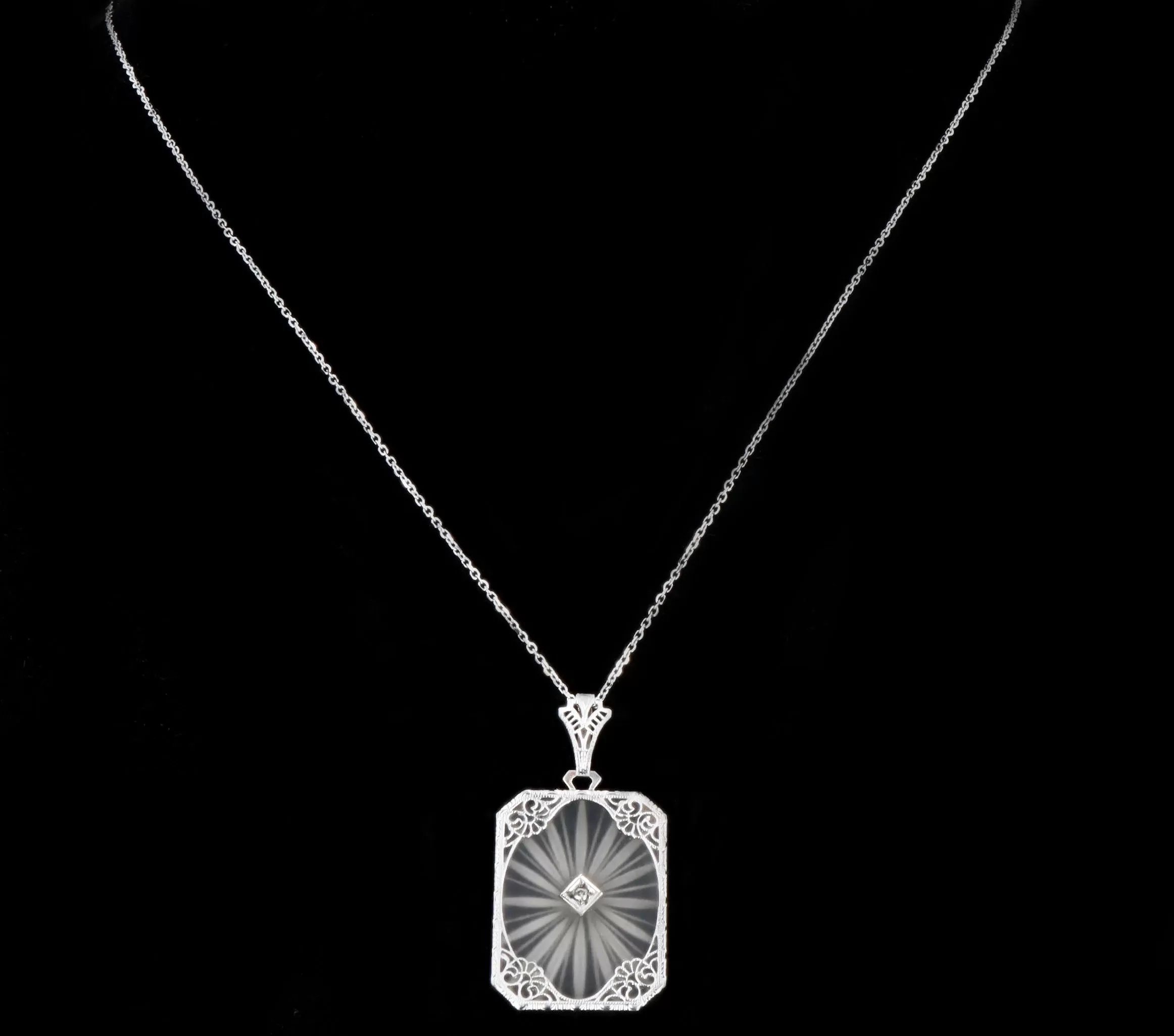 Art Deco 14K White Gold Carved Rock Crystal Diamond Pendant Necklace