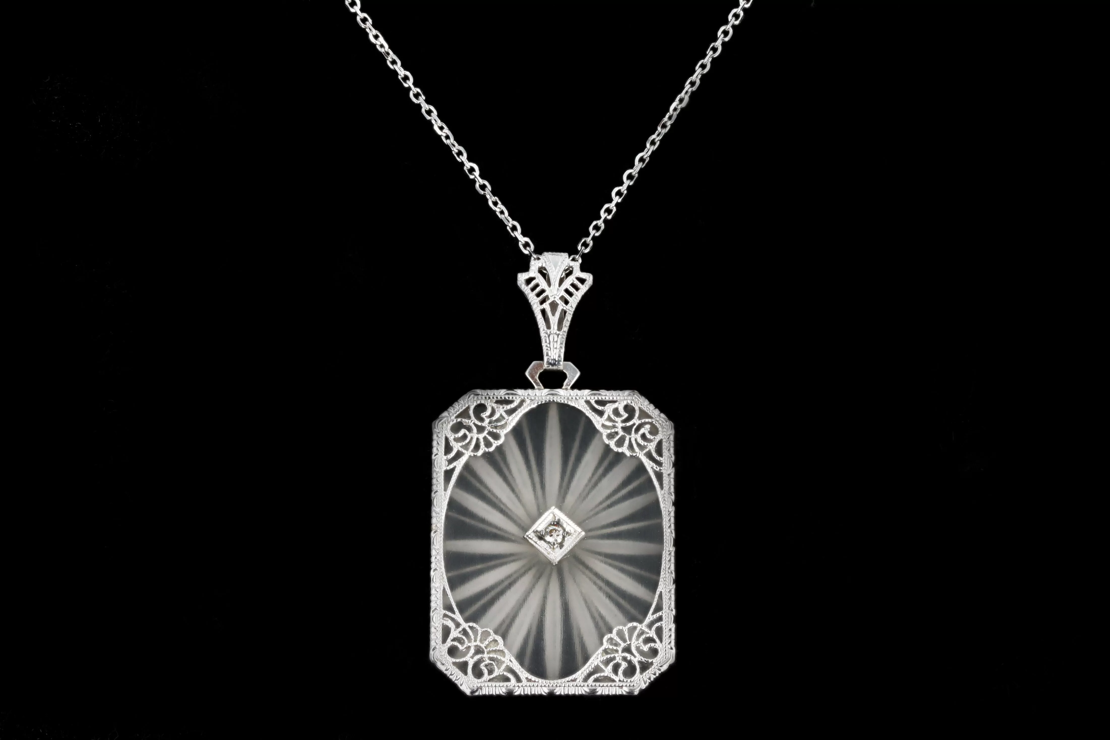 Art Deco 14K White Gold Carved Rock Crystal Diamond Pendant Necklace