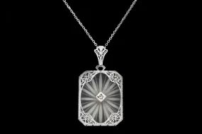 Art Deco 14K White Gold Carved Rock Crystal Diamond Pendant Necklace