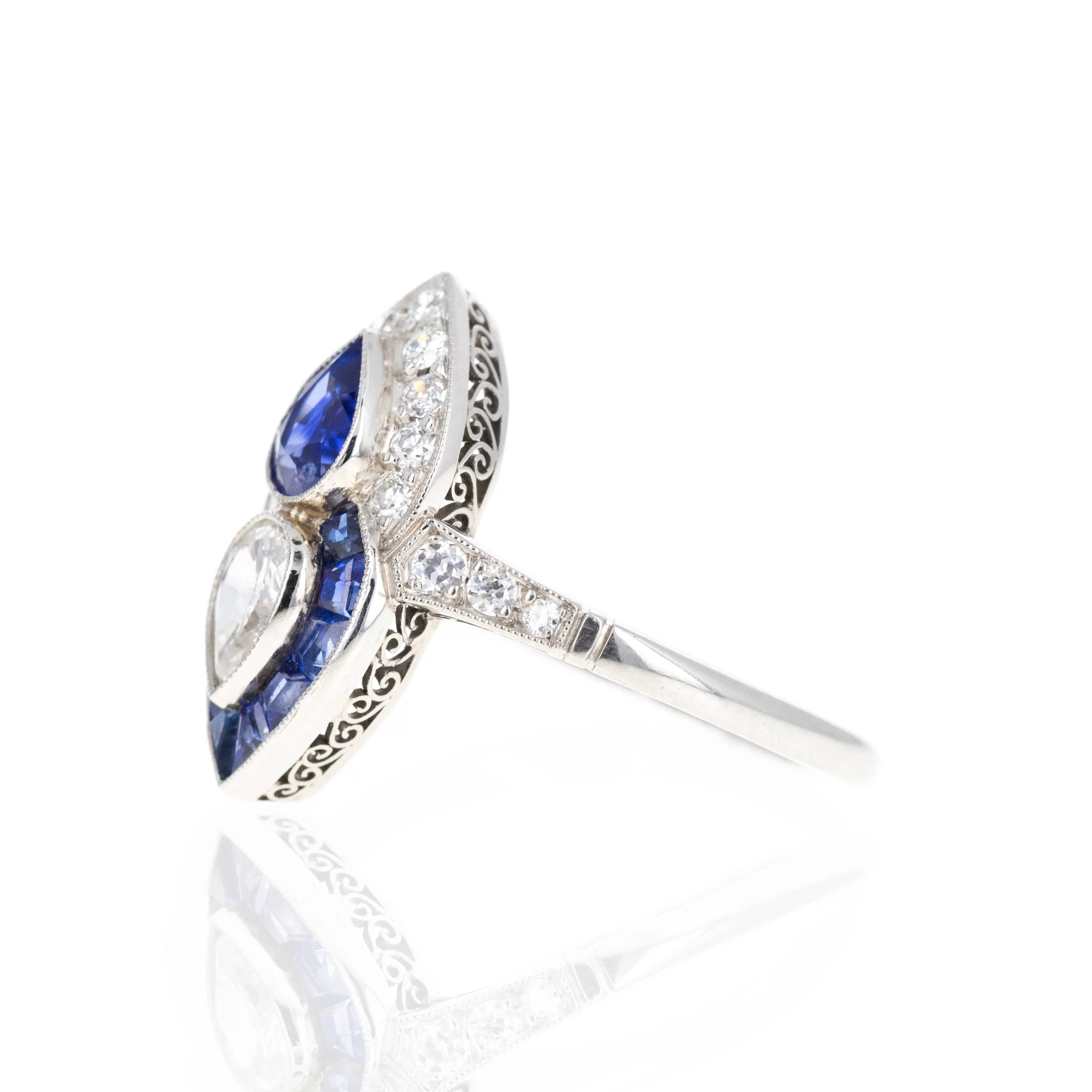 Art Deco Platinum Pear Sapphire Diamond Two Stone Ring