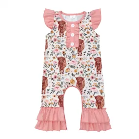 Baby Girls Ruffle Romper Highland Cow Floral Western Farm