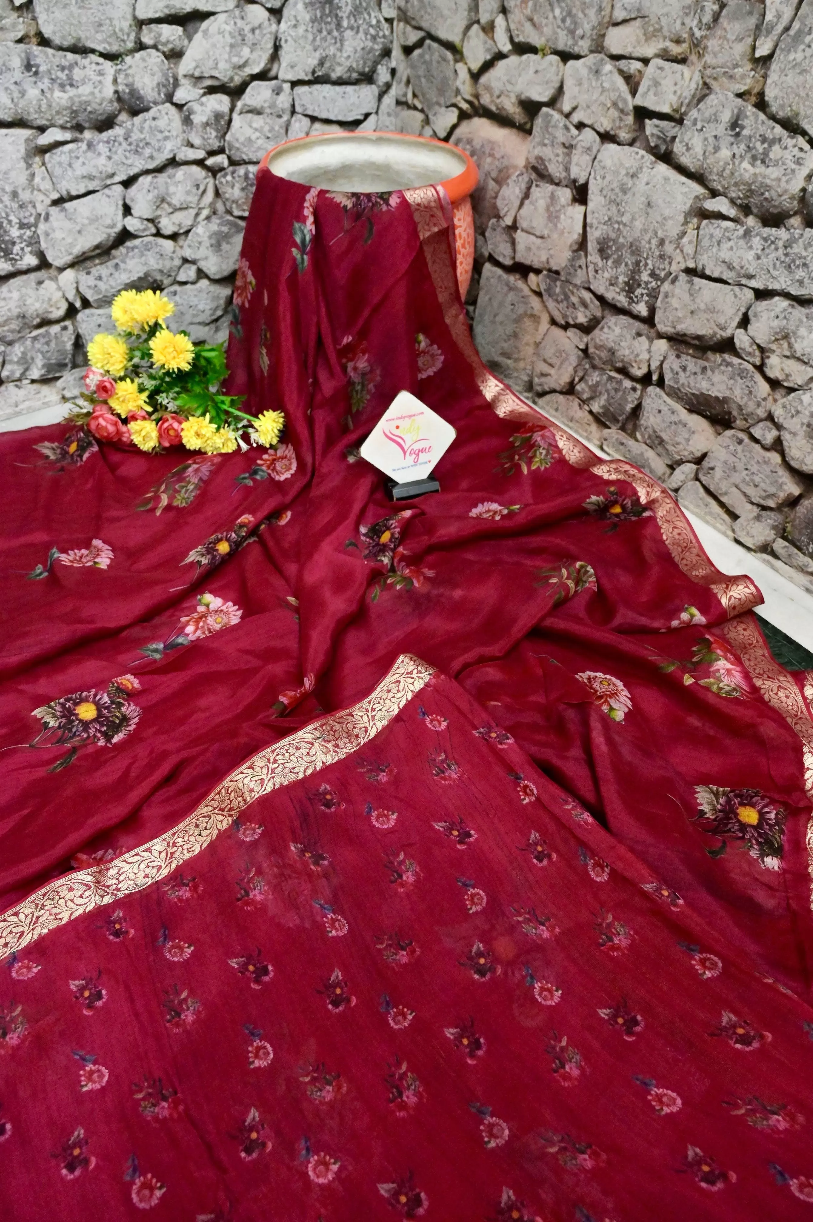 Blood Red Color Georgette Banarasi with Digital Print