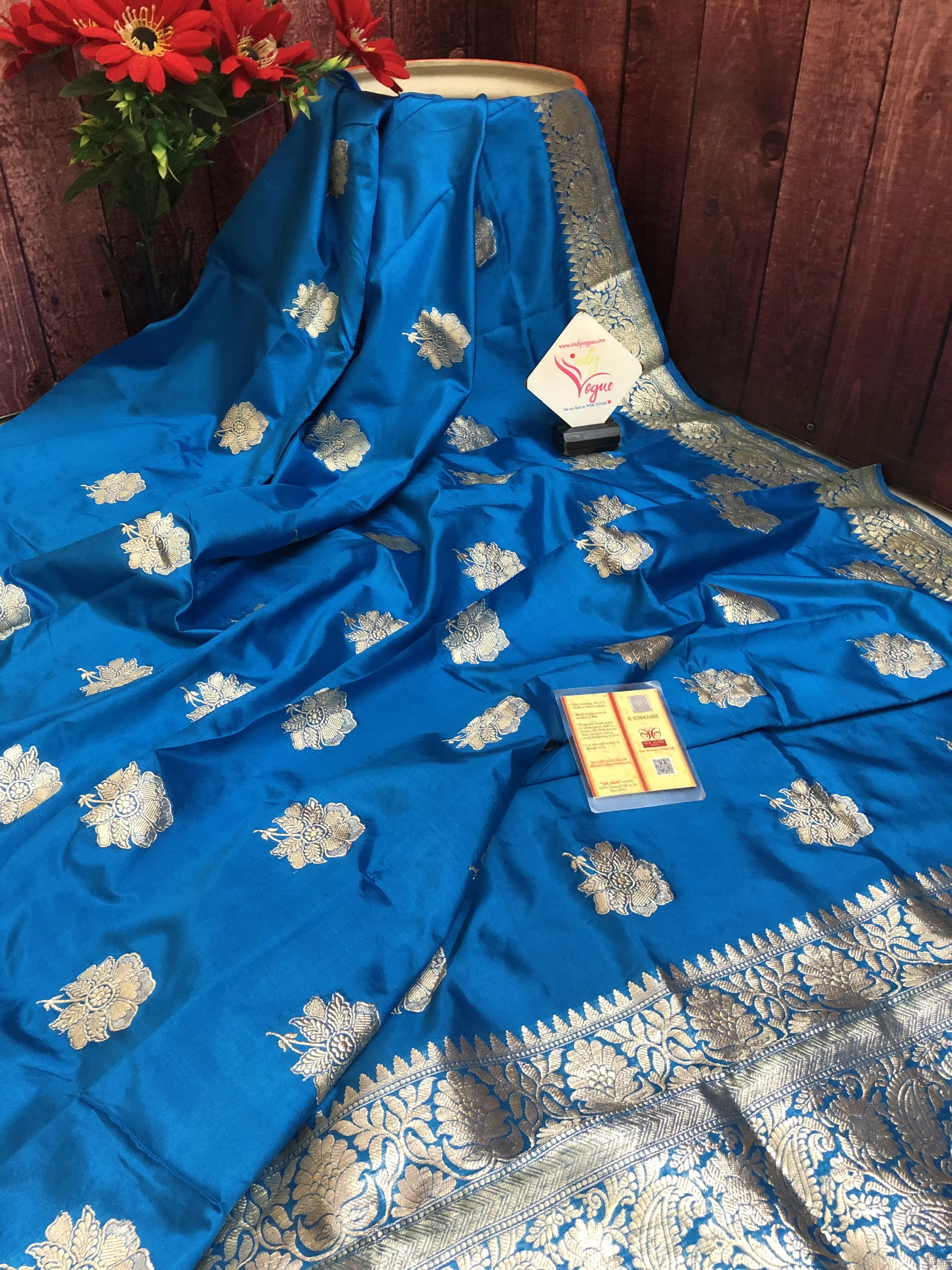 Cobalt Blue Color Katan Banarasi Saree with Silver Zari Work