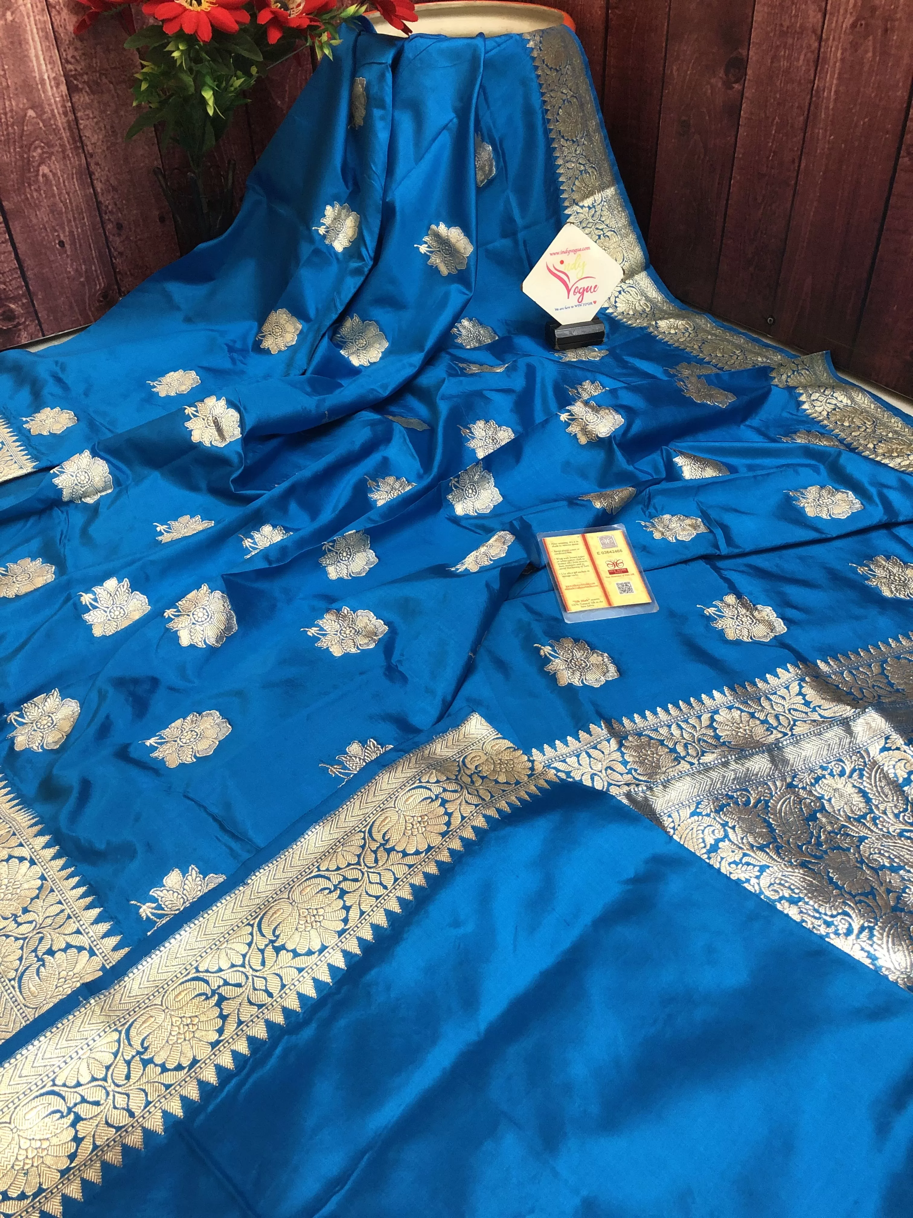 Cobalt Blue Color Katan Banarasi Saree with Silver Zari Work