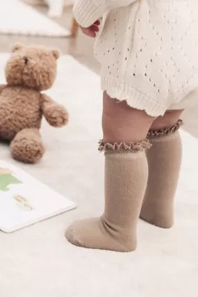 Dark Beige Lace Trim Knee High Socks