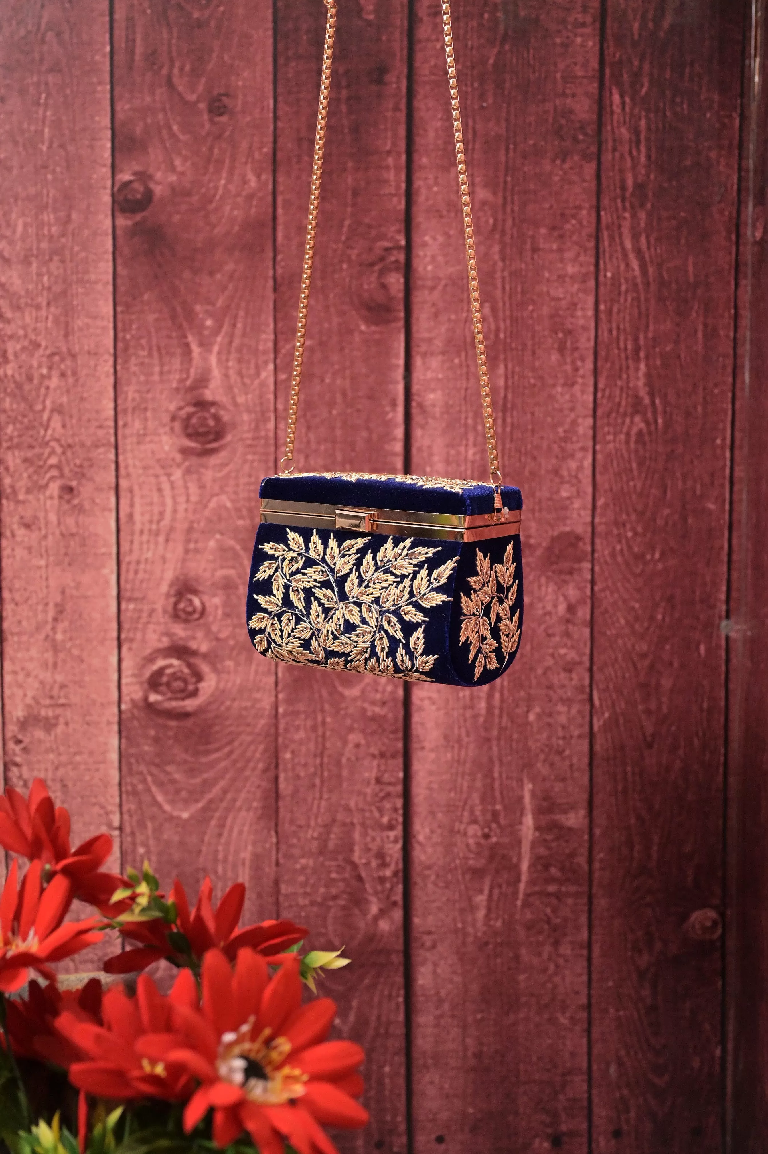 Deep Navy Blue Color  Velvet Box Clutch Bag with Hand Zardosi Work