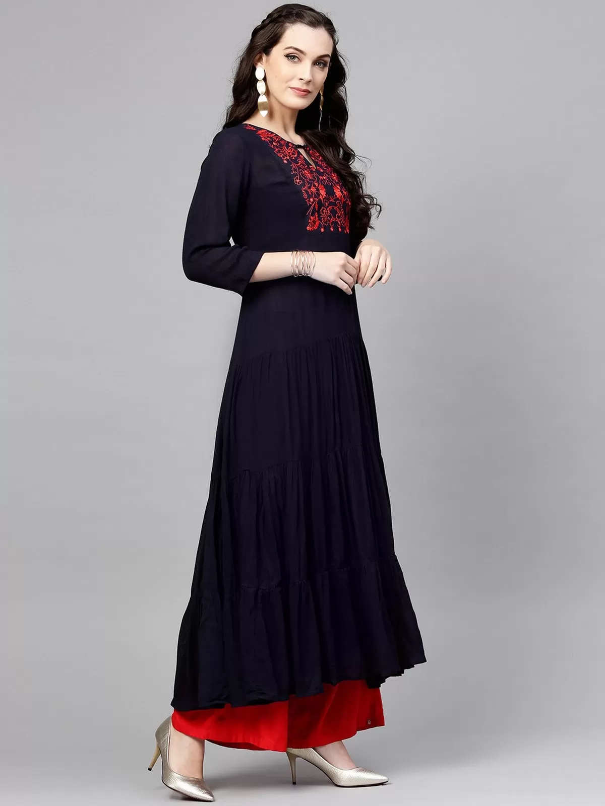 Embroidered Yoke Tiered Kurta