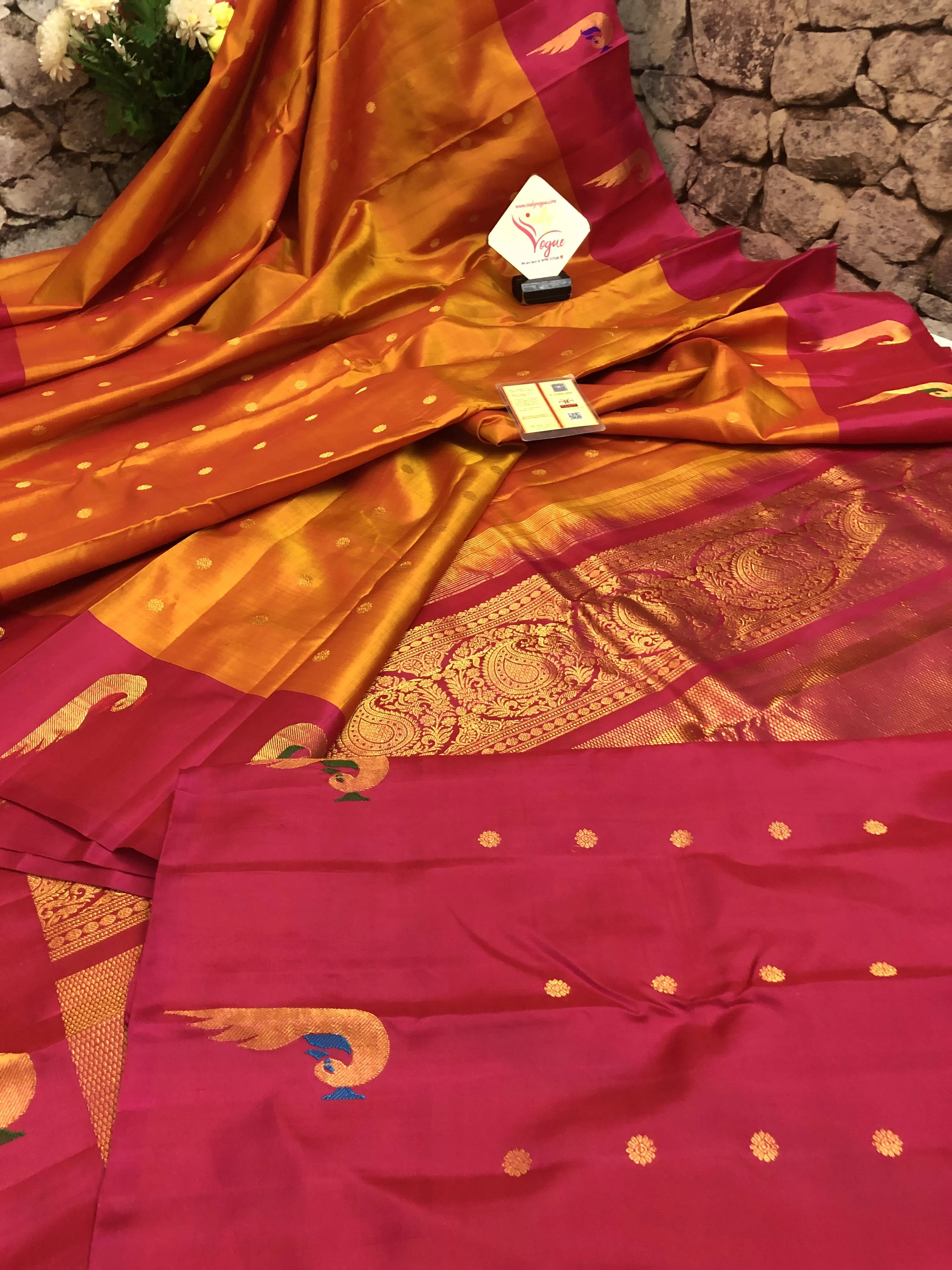 Golden Orange and Magenta Color Pure Gadwal Silk Saree