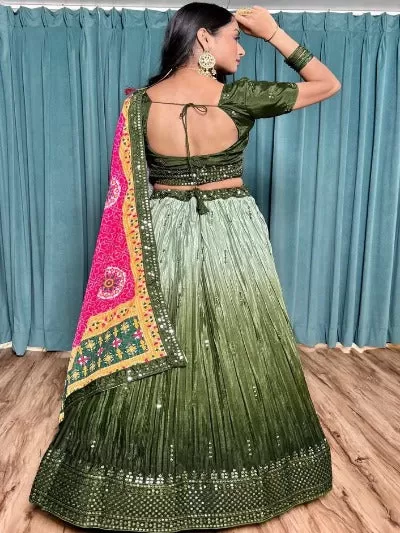 Green Chinon Silk Heavy Work Unstitched Lehenga Choli Set