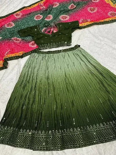 Green Chinon Silk Heavy Work Unstitched Lehenga Choli Set