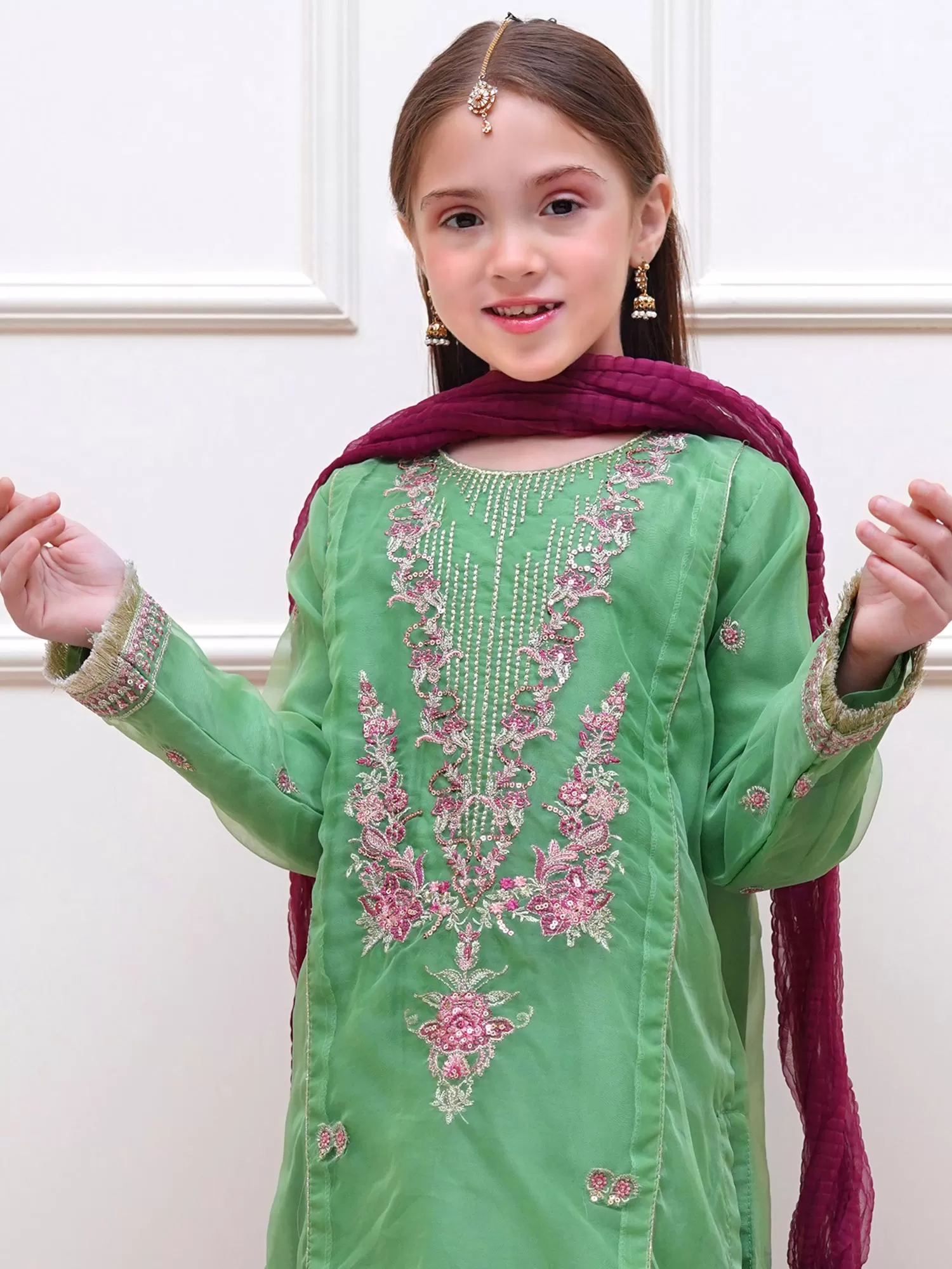 Kids Green Embroidered Organza Suit with Silk Gharara