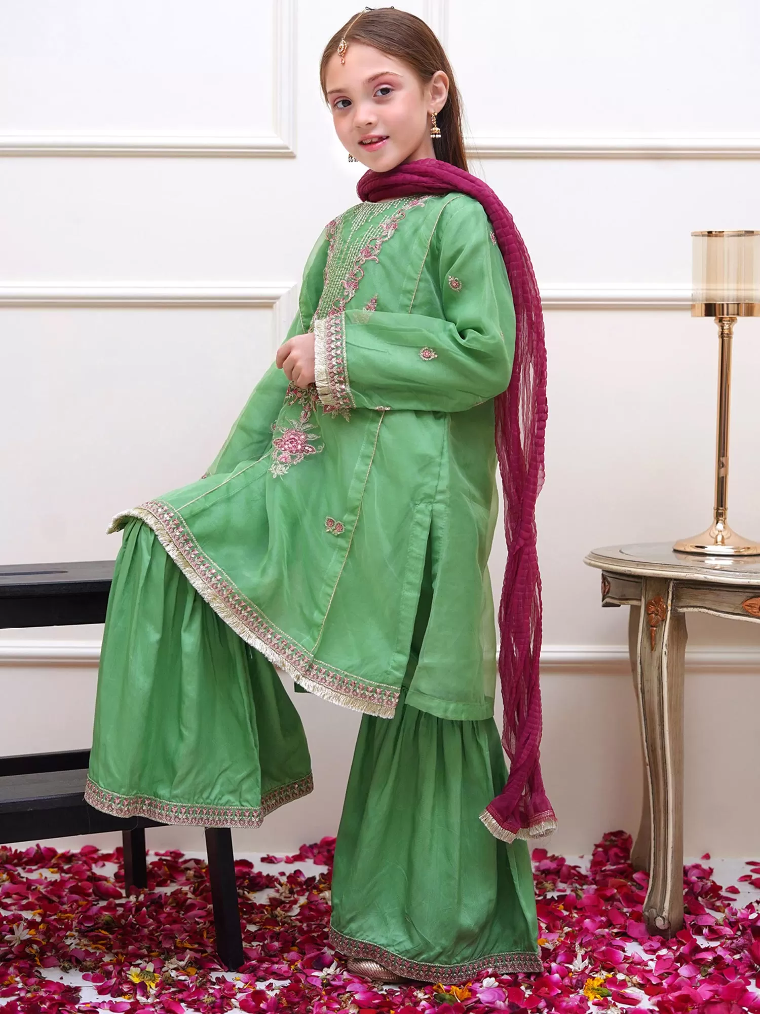 Kids Green Embroidered Organza Suit with Silk Gharara