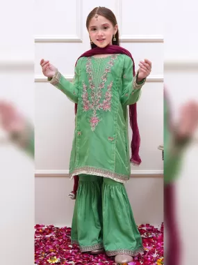 Kids Green Embroidered Organza Suit with Silk Gharara