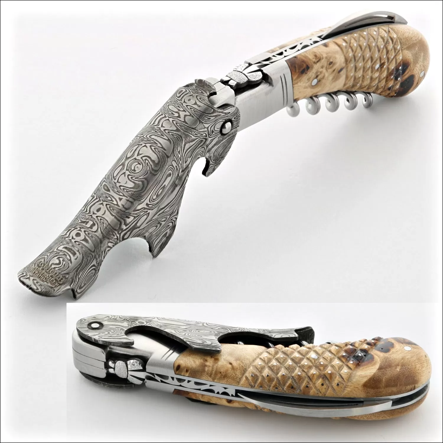 Laguiole Magnum Damascus Studded Poplar Burl Corkscrew