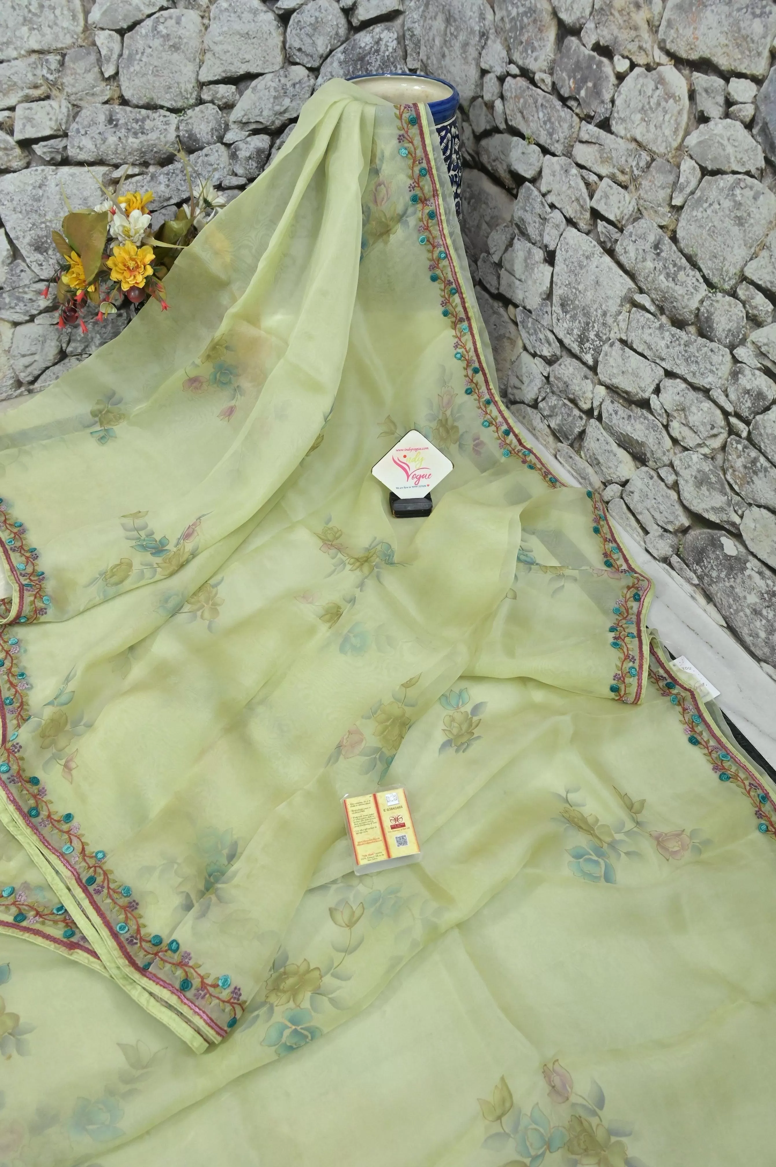 Light Green Pure Organza Silk Saree with French Knot & Hand Embroidery