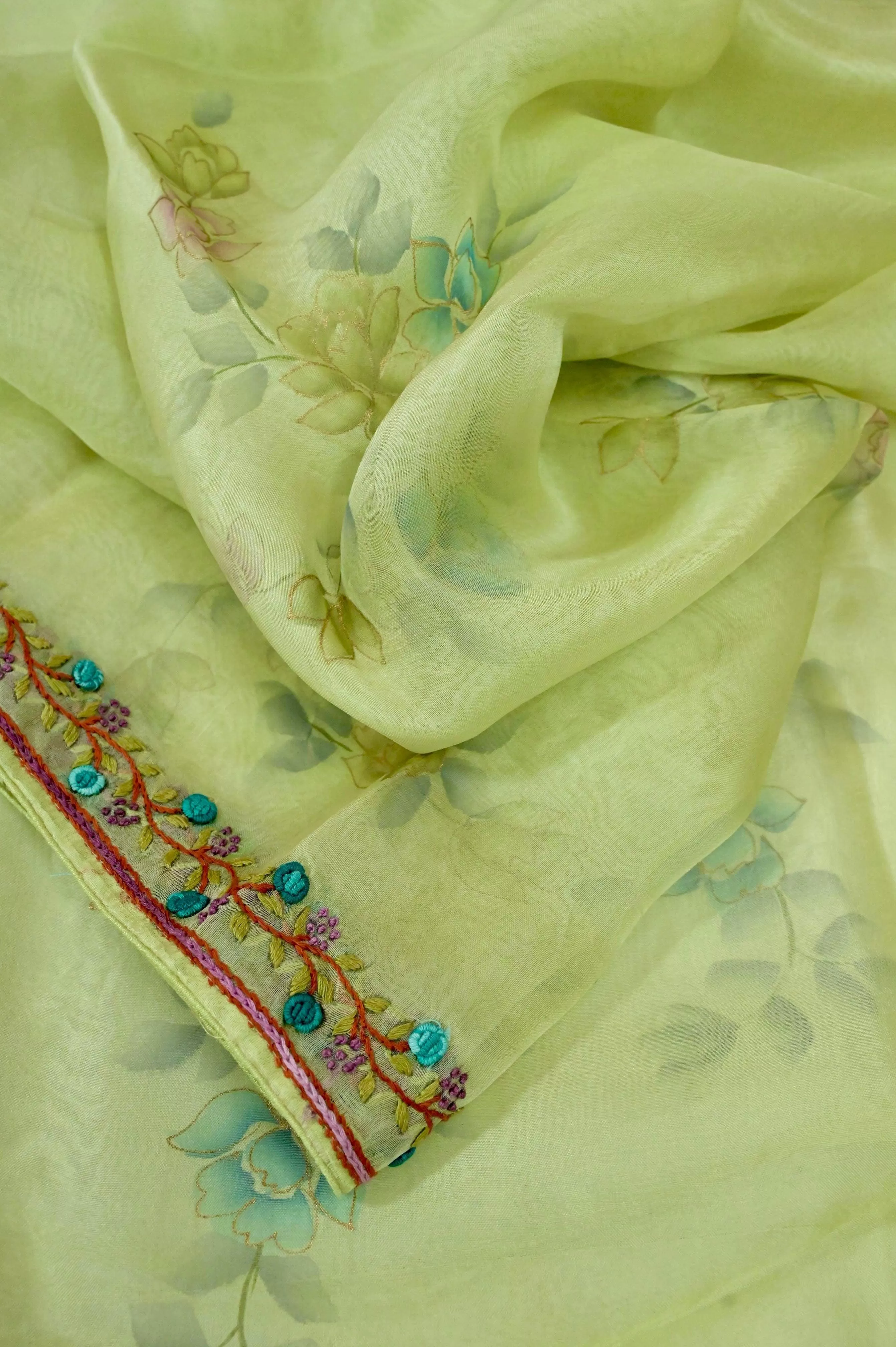 Light Green Pure Organza Silk Saree with French Knot & Hand Embroidery