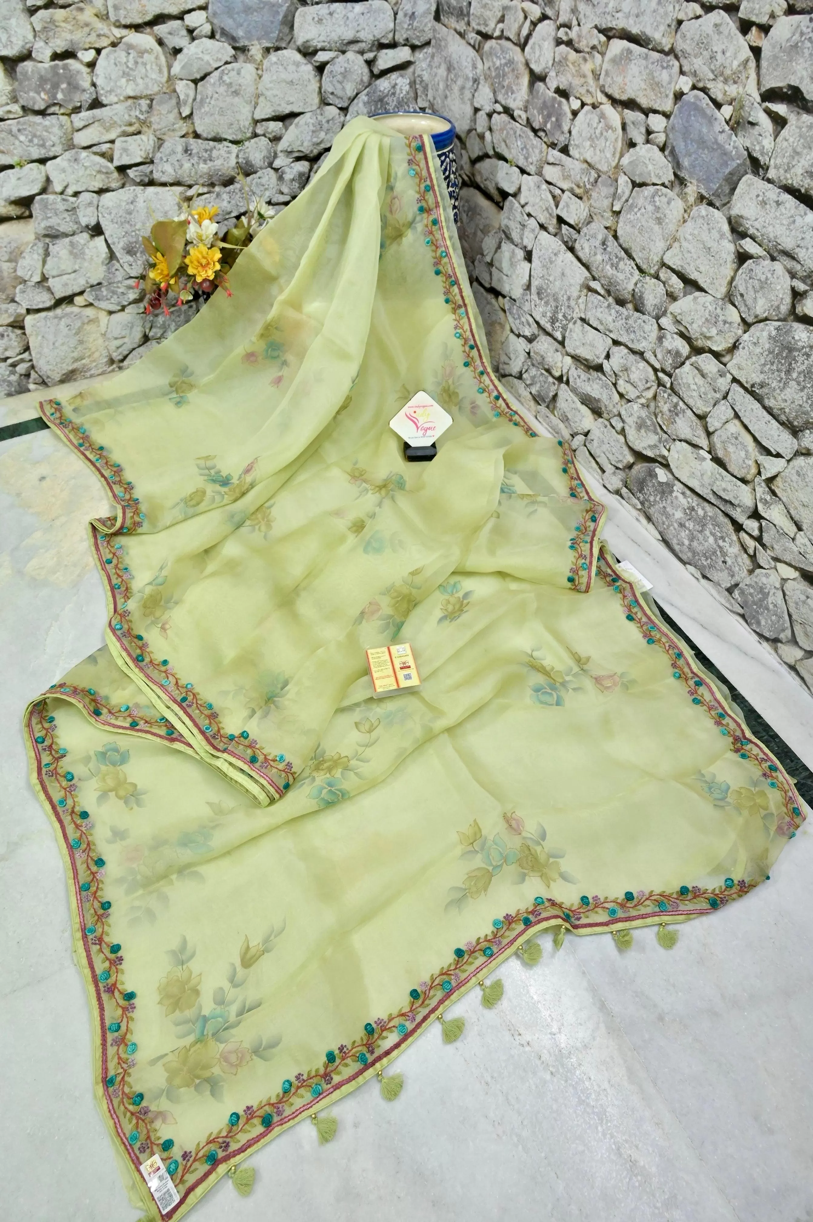 Light Green Pure Organza Silk Saree with French Knot & Hand Embroidery