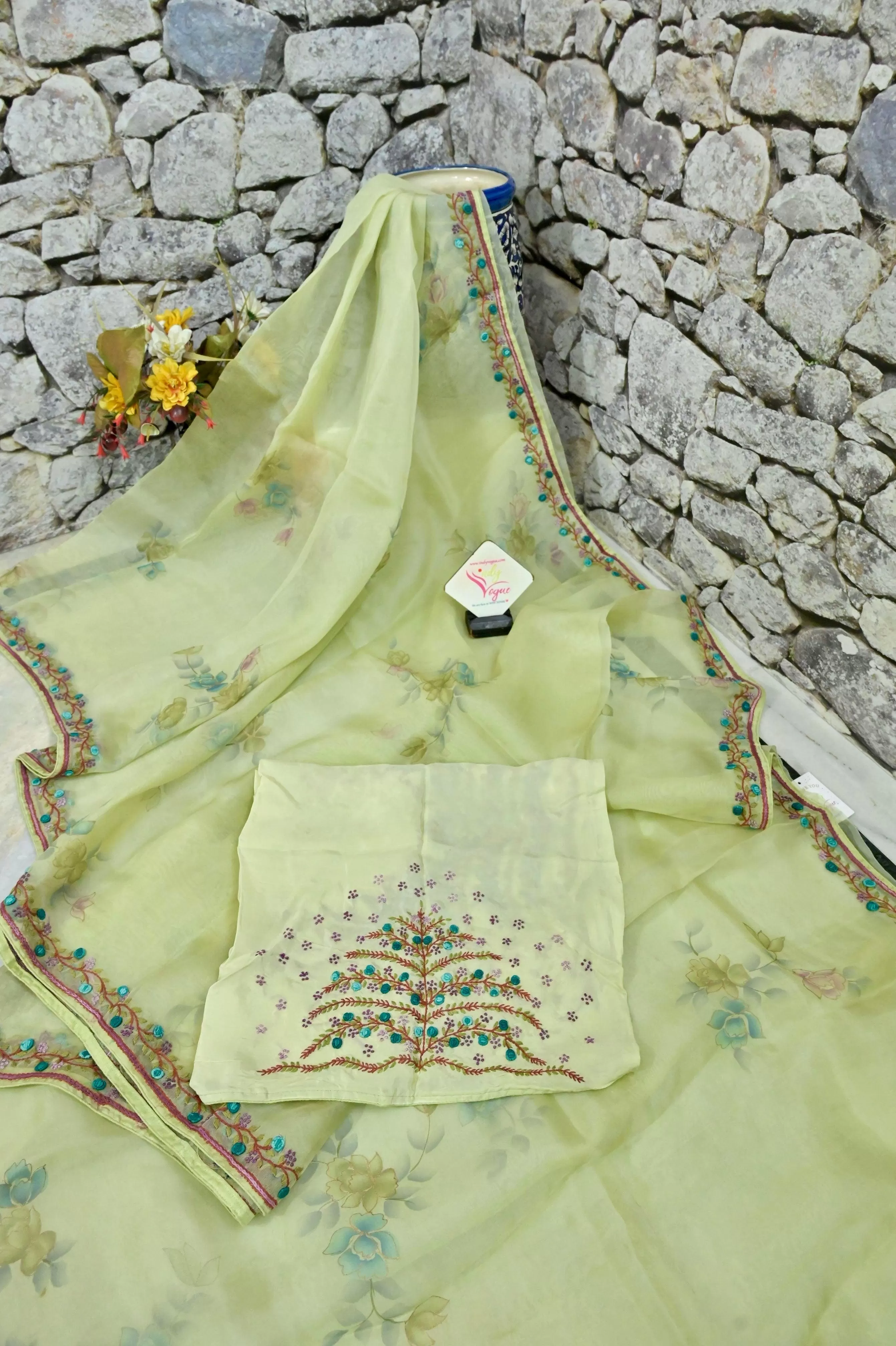 Light Green Pure Organza Silk Saree with French Knot & Hand Embroidery