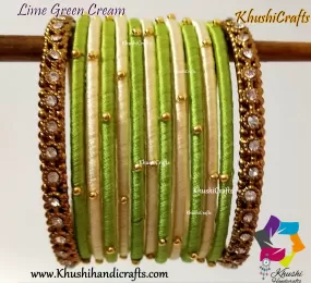 Lime green Cream Silk Thread Beaded Bangles