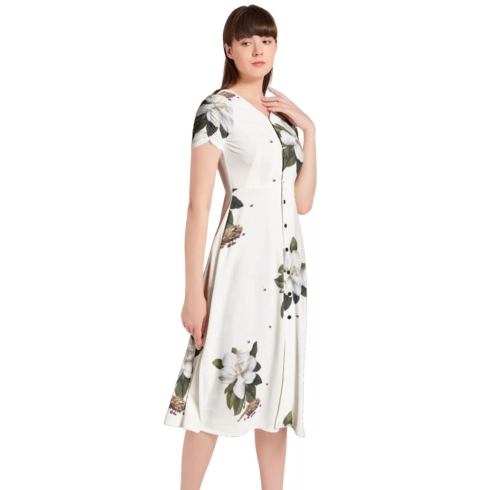 Magnolia Moment Puff Sleeve Button Through Dress