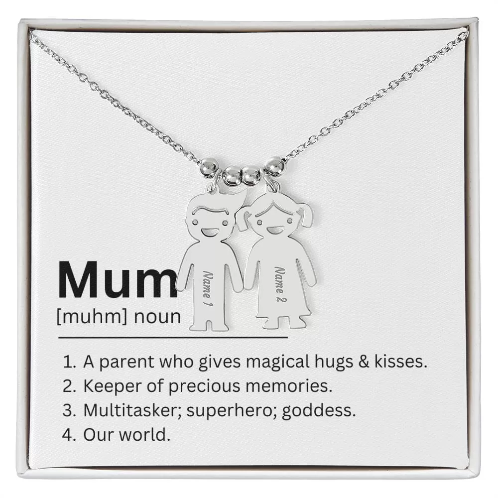 Mum Definition, Magical Hugs And Kisses Custom Engraved Kid Charm Necklace