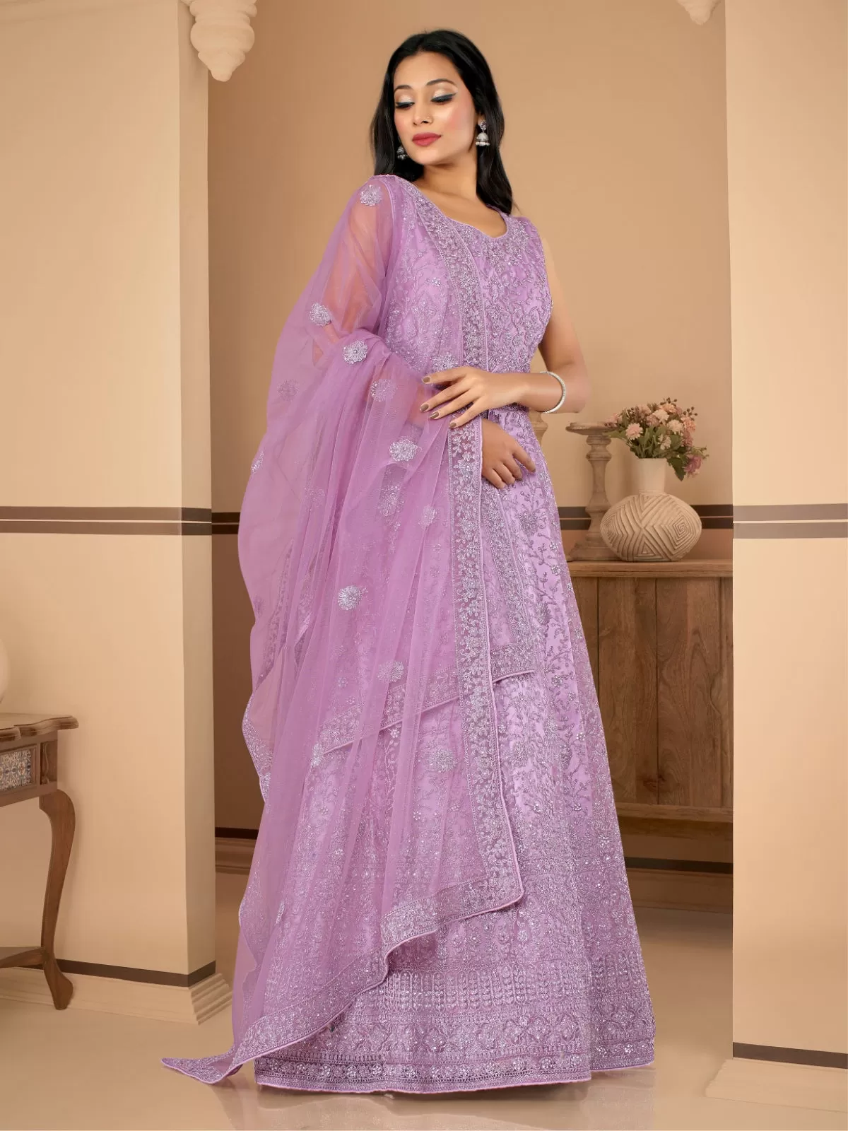 Odette Purple Net  Embroidered Stitched Gown  for Women