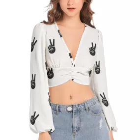 Peace Sign Women's Deep V-Neck Lantern Sleeve Crop Top