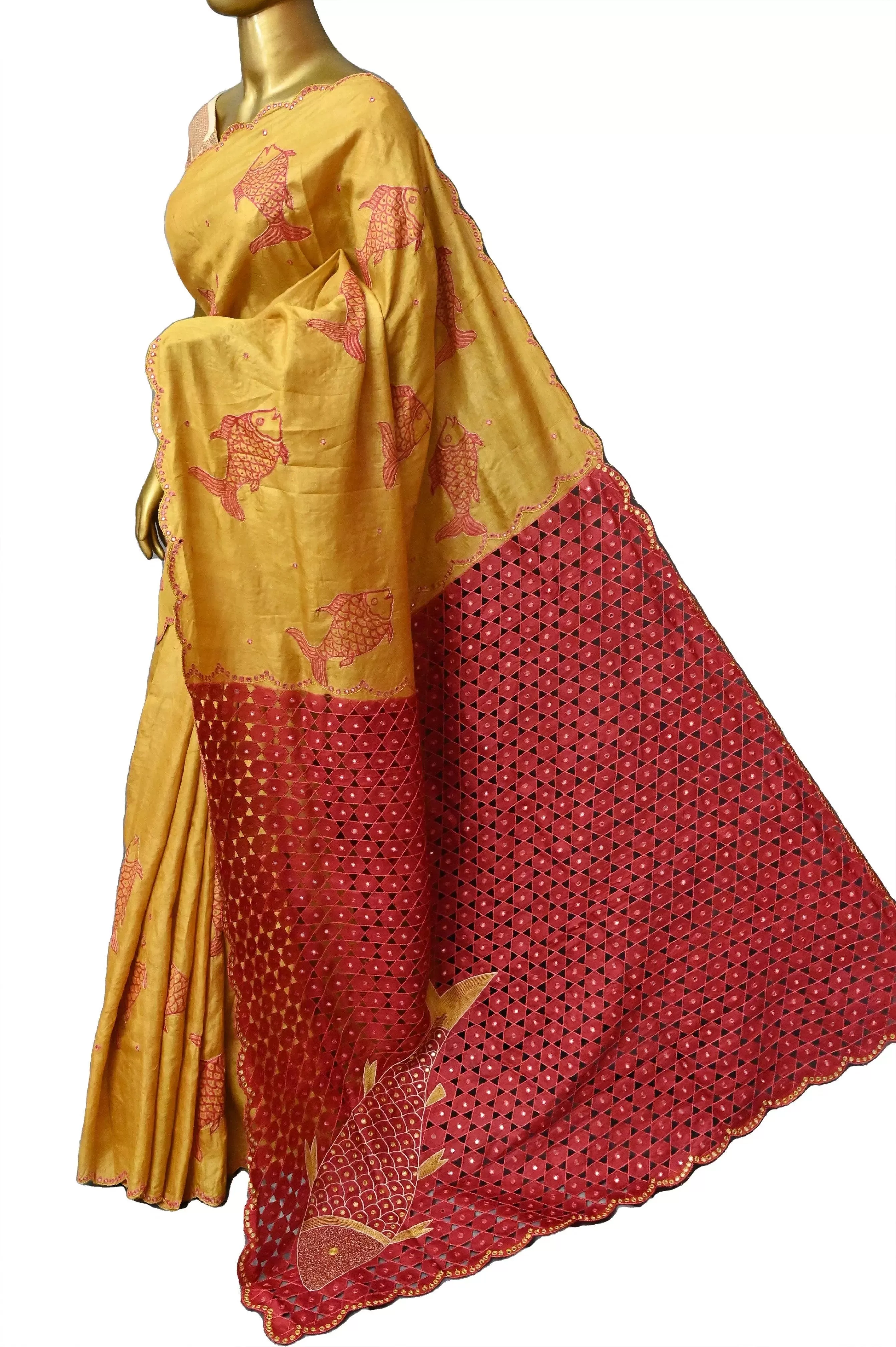 Pinkish Red and Yellow Color Pure Tussar with Hand Ari and Cut work with Mirror Work