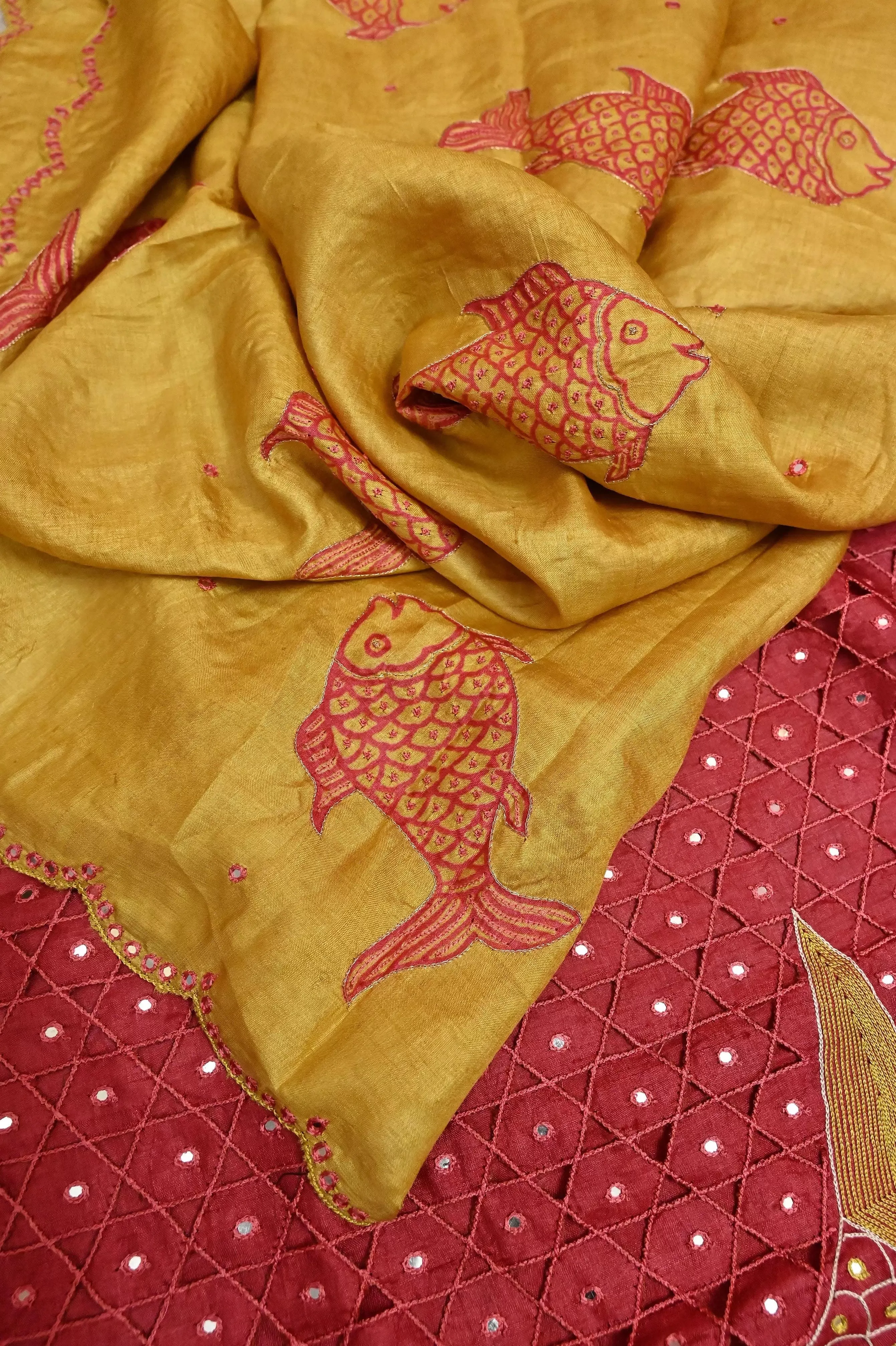 Pinkish Red and Yellow Color Pure Tussar with Hand Ari and Cut work with Mirror Work