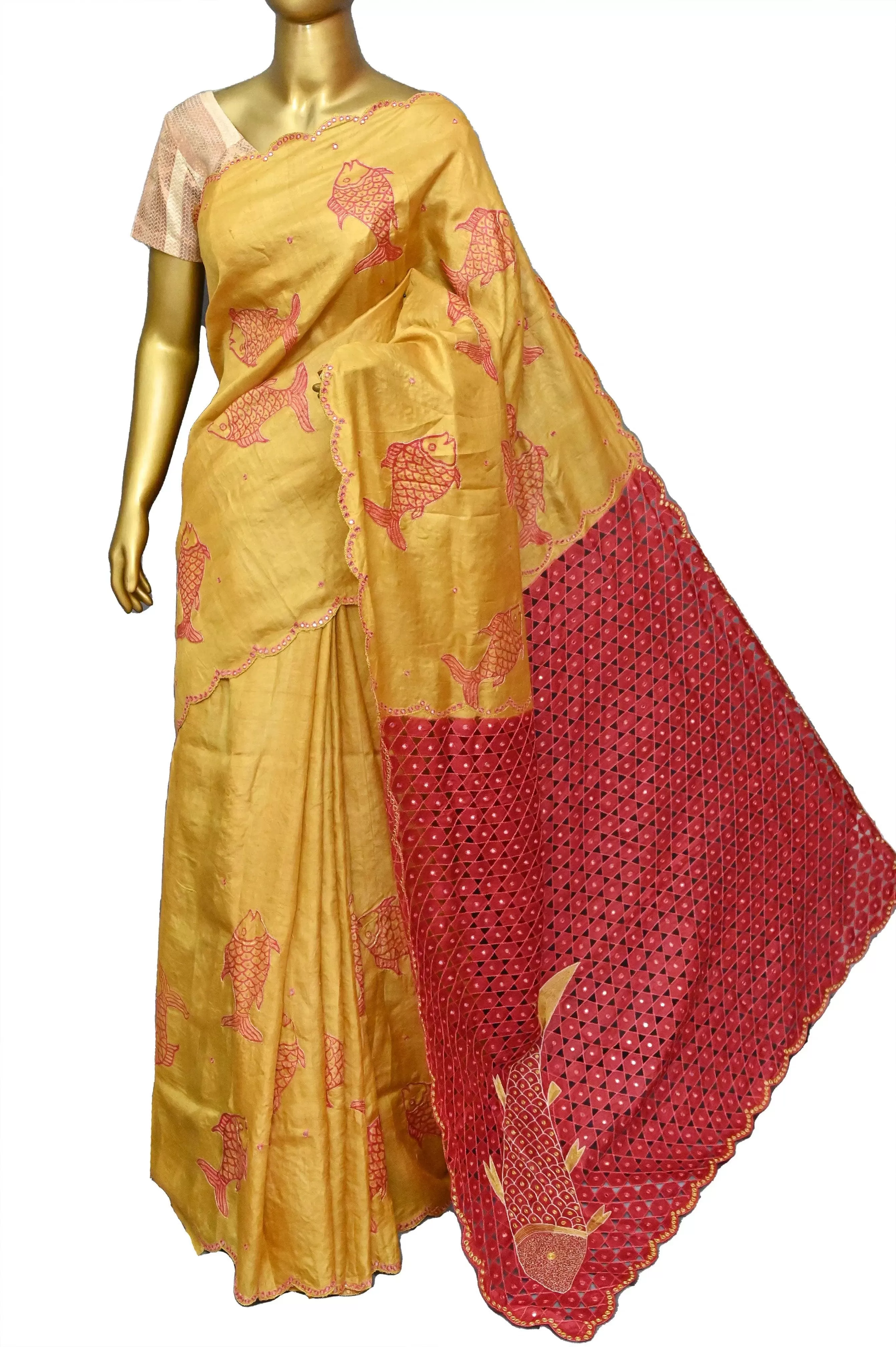 Pinkish Red and Yellow Color Pure Tussar with Hand Ari and Cut work with Mirror Work