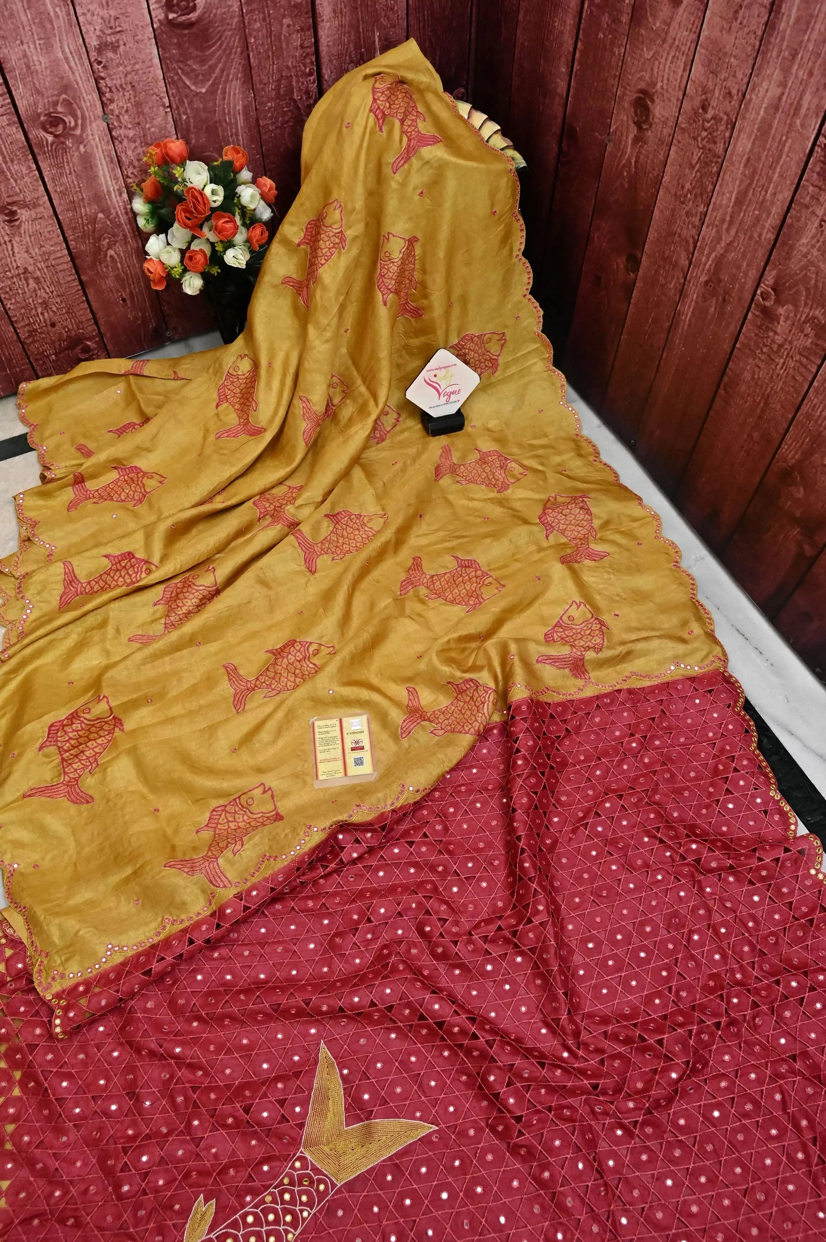 Pinkish Red and Yellow Color Pure Tussar with Hand Ari and Cut work with Mirror Work