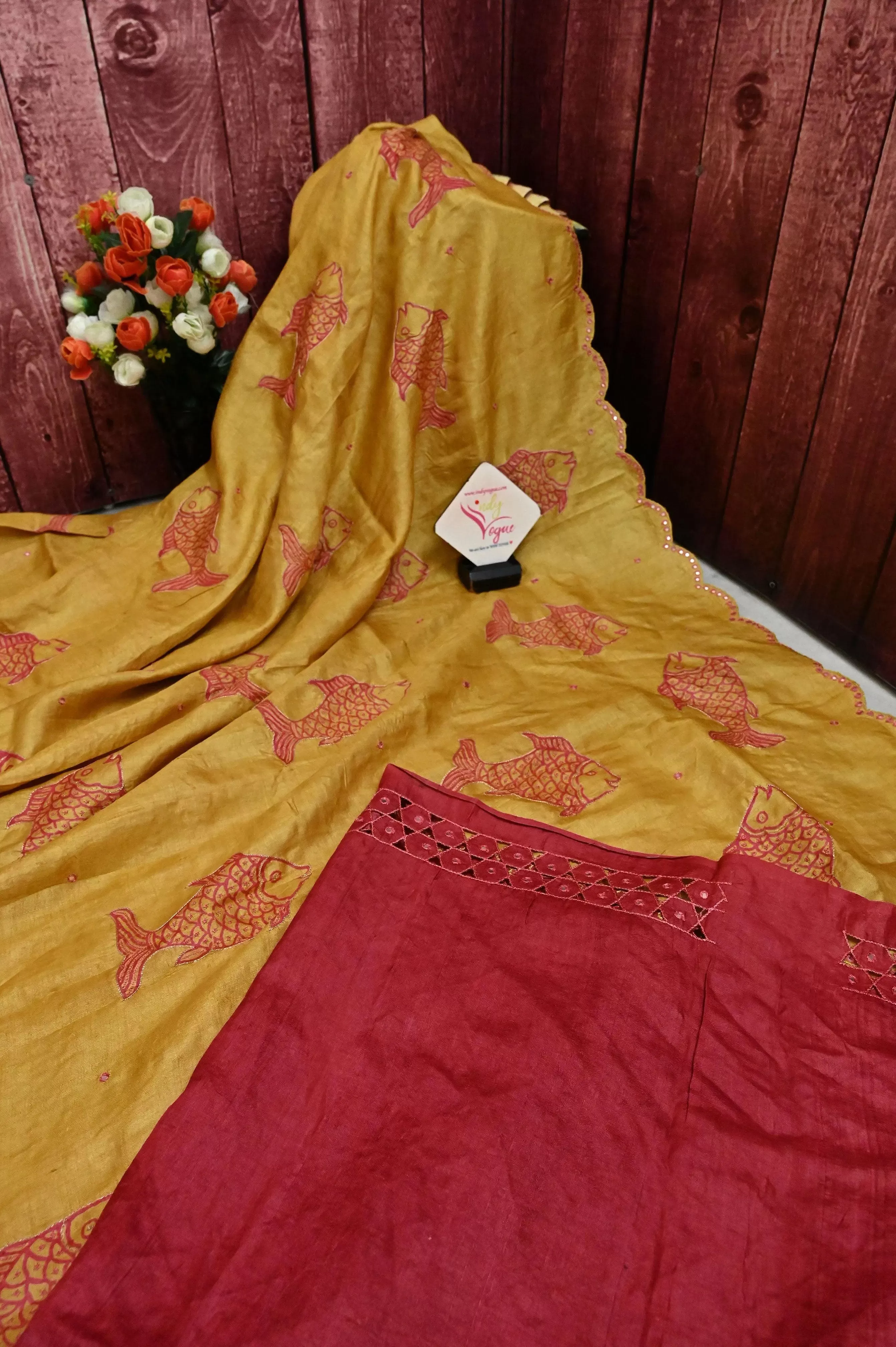 Pinkish Red and Yellow Color Pure Tussar with Hand Ari and Cut work with Mirror Work