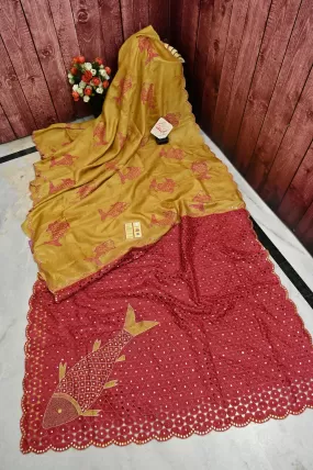 Pinkish Red and Yellow Color Pure Tussar with Hand Ari and Cut work with Mirror Work