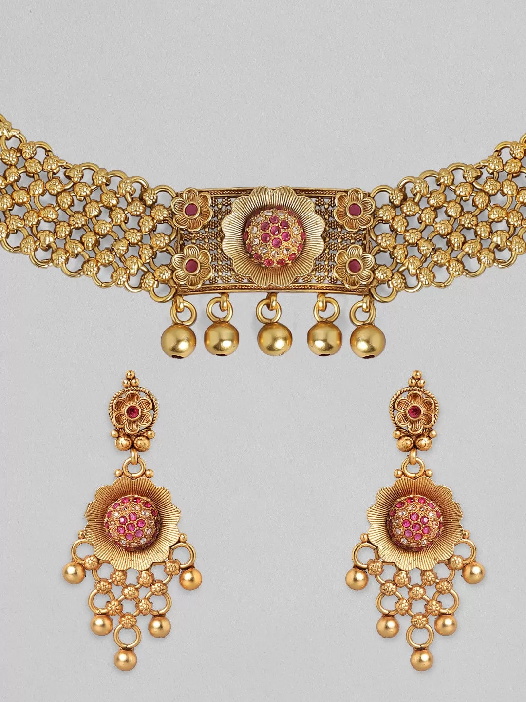 Rubans 24K Gold Plated Handcrafted Ruby Stone Temple Choker Set