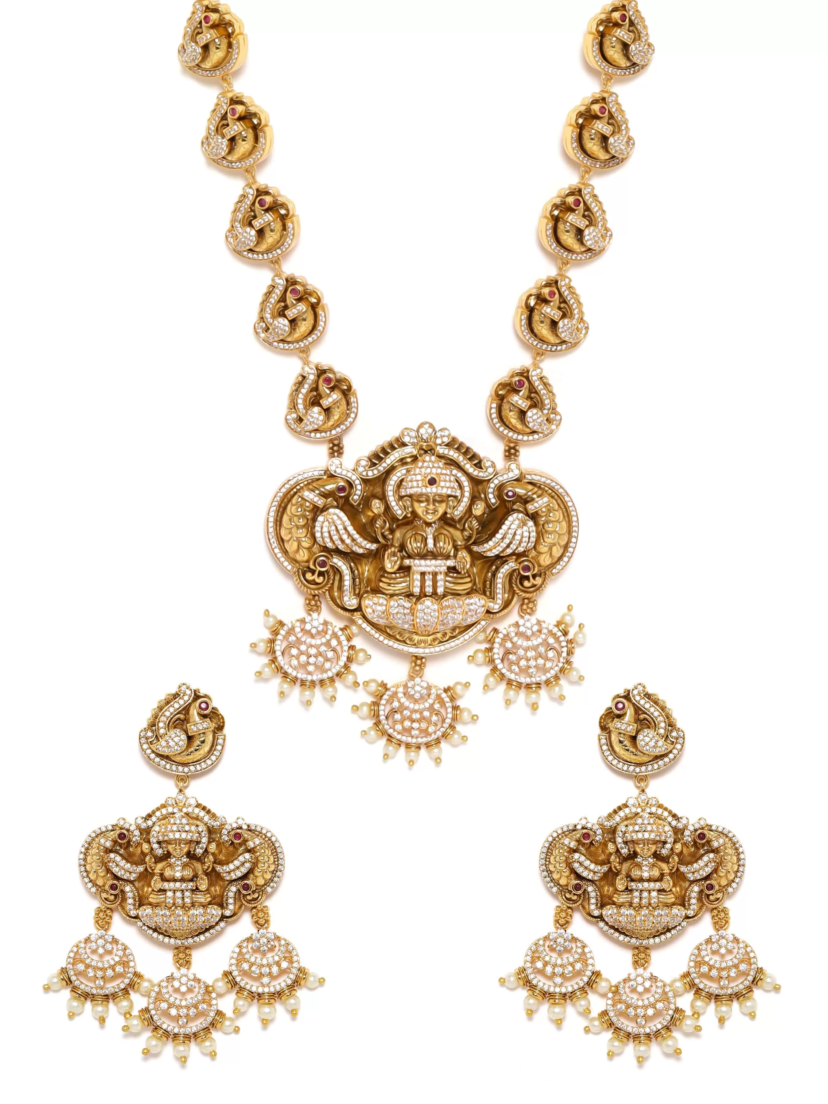 Rubans 24K Gold plated Zirconia studded temple motif statement lux Handcrafted Necklace set