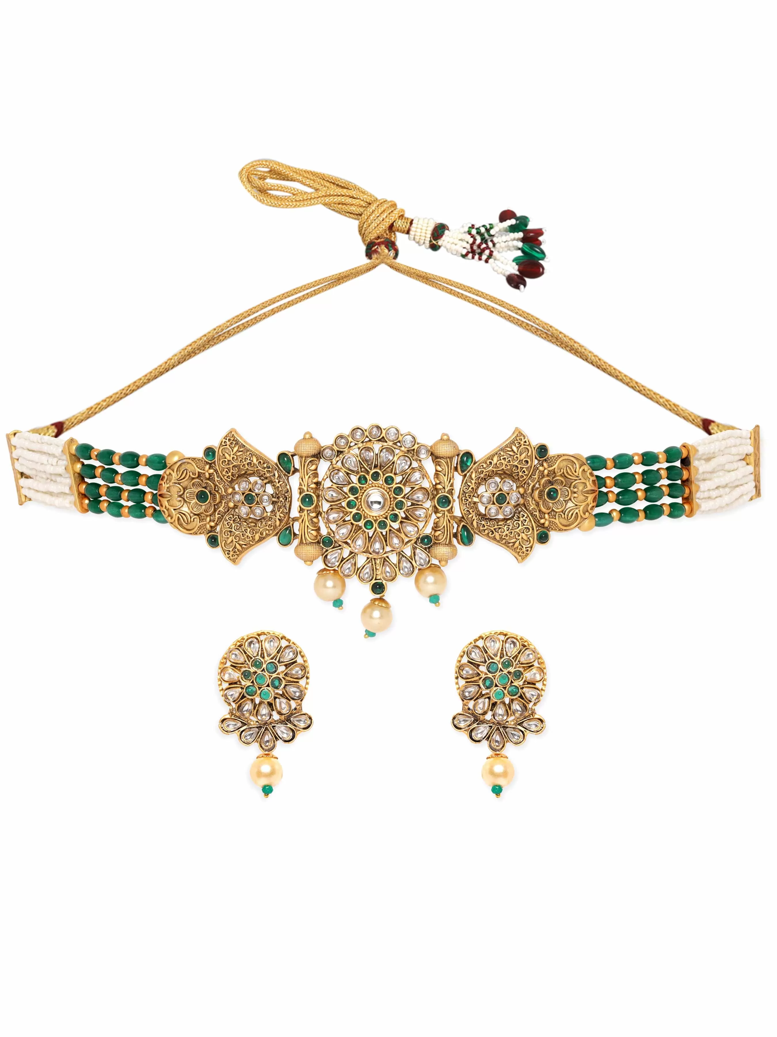 Rubans Green and White Beads Chain with Gold Beads and Stones Choker Set