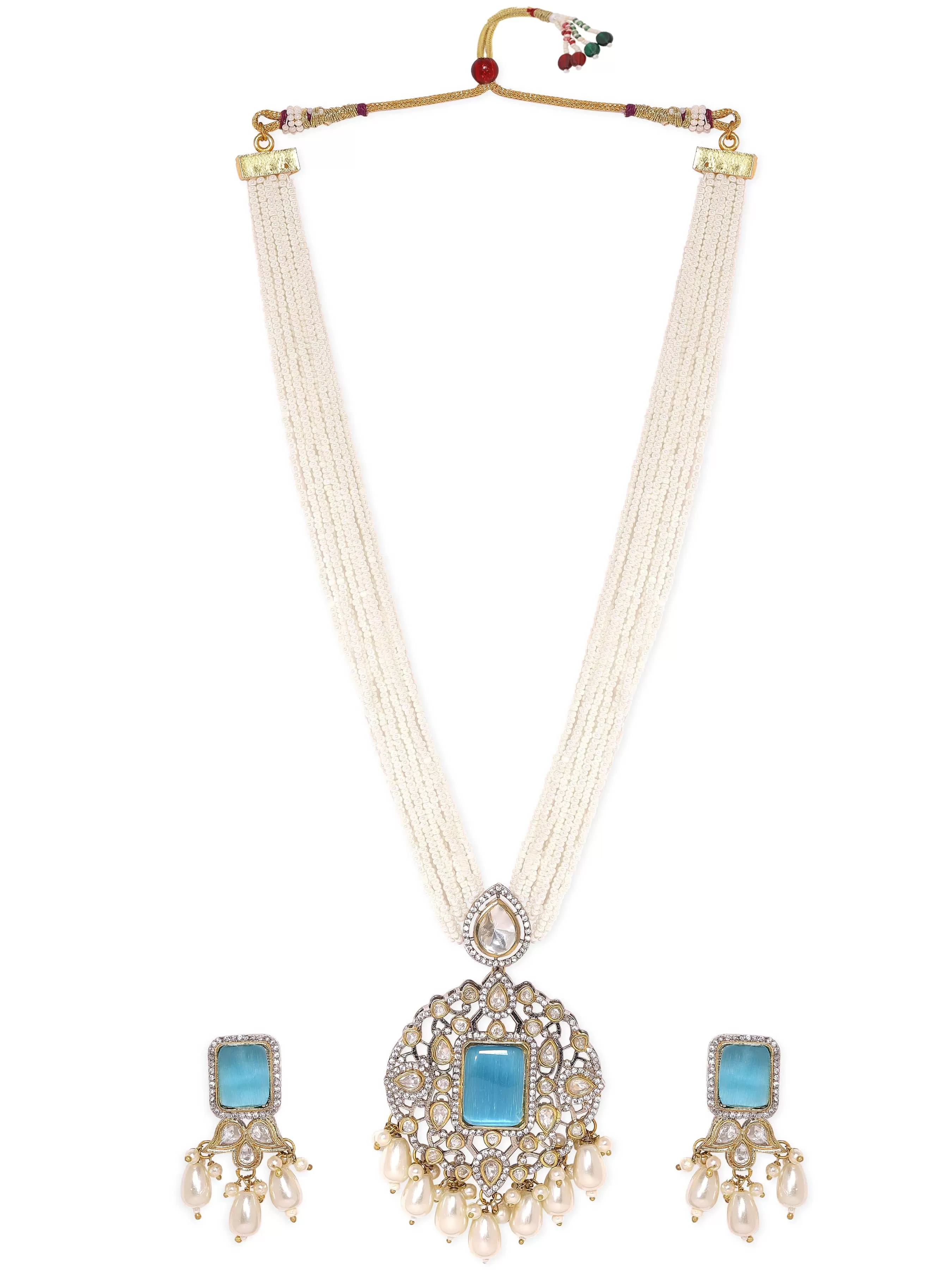 Rubans Ocean's Elegance White Pearl Blue Stone Necklace Set