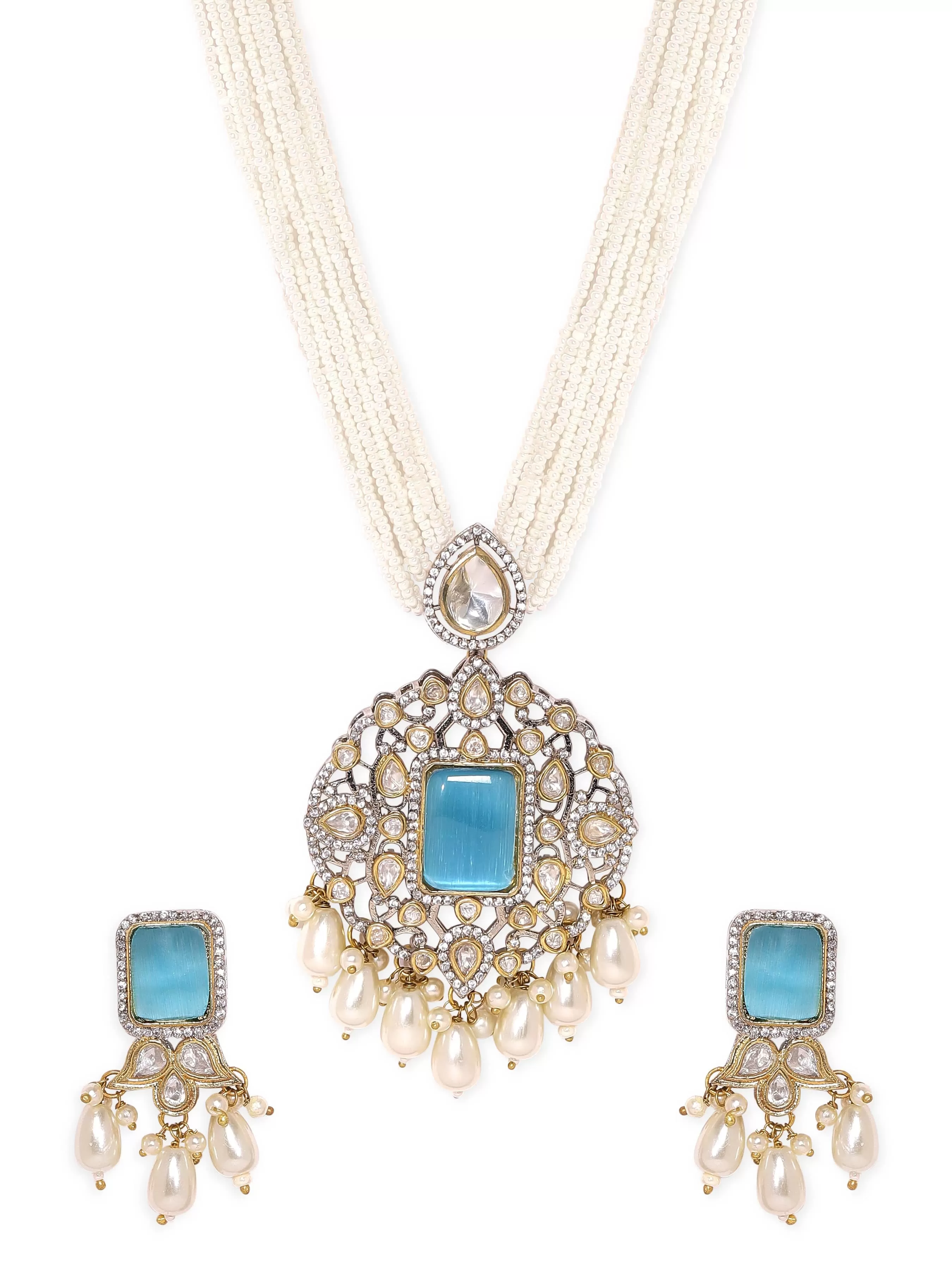 Rubans Ocean's Elegance White Pearl Blue Stone Necklace Set