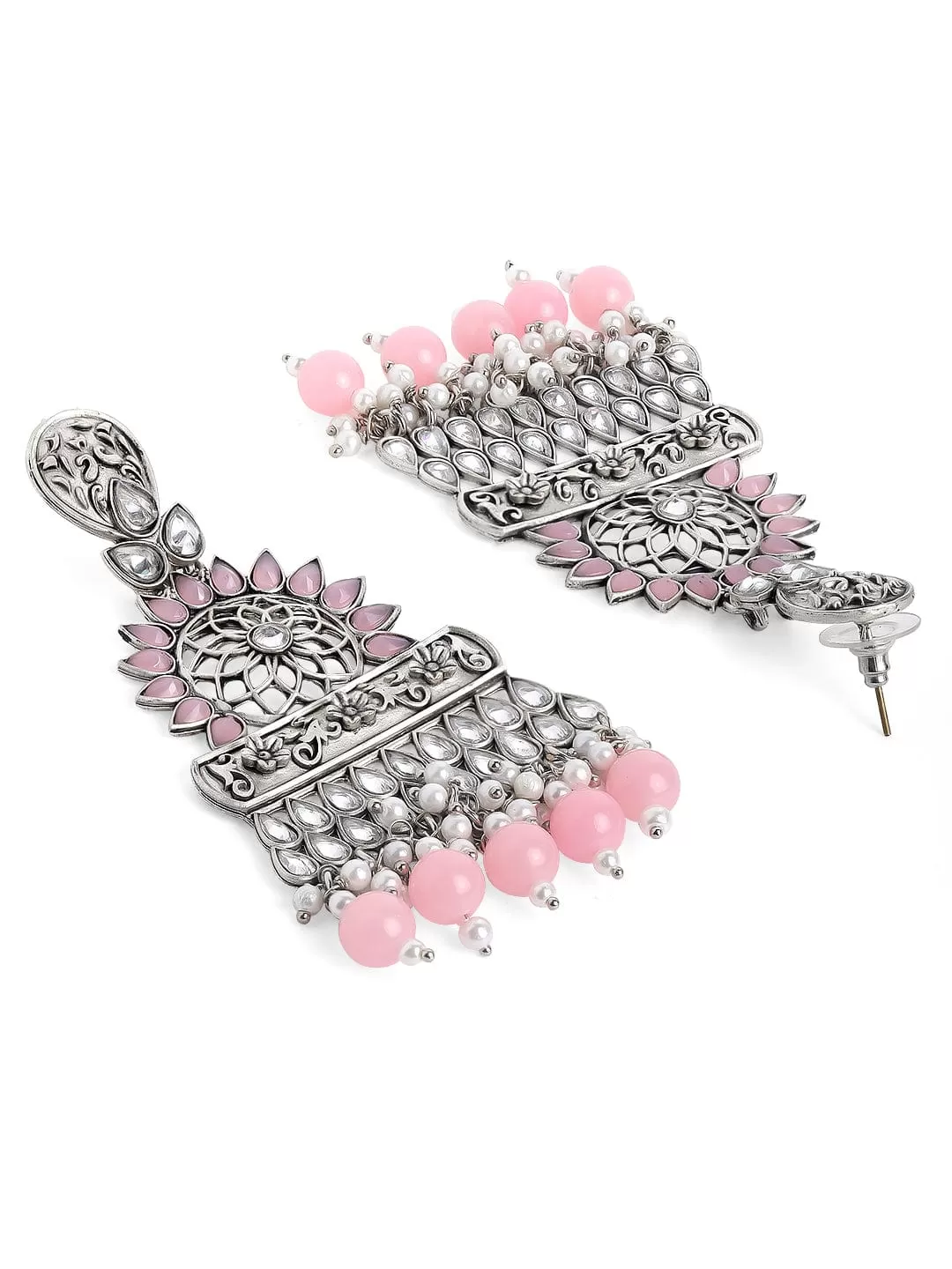 Rubans Silver Toned Contemprory Dropped Earrings with Pink Beads