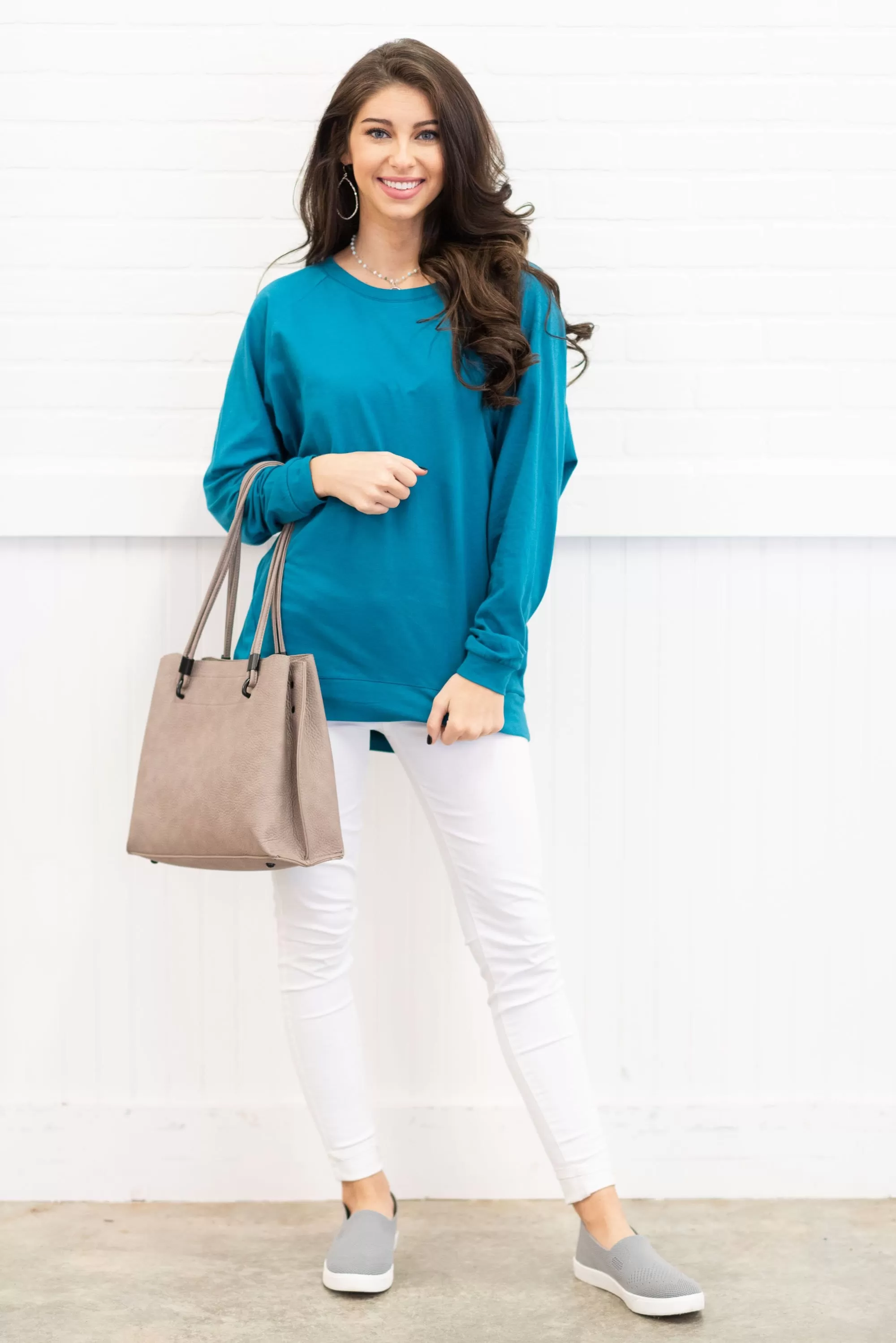 Slouchy Dolman Teal Blue Long Sleeve Tunic