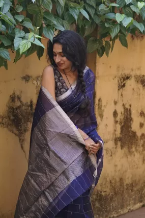 Utsav Navy Blue silk cotton silver Zari Chanderi Saree