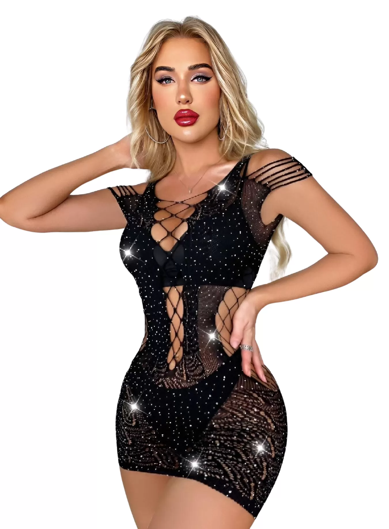 Vestito Donna Tubino Lacci Intrecciati Trasparente Ricamo Strass Sexy