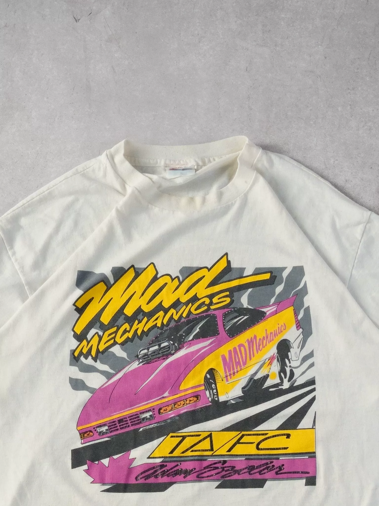 Vintag 90s White Mad Mechanics Drag Racing Graphic Tee (L)