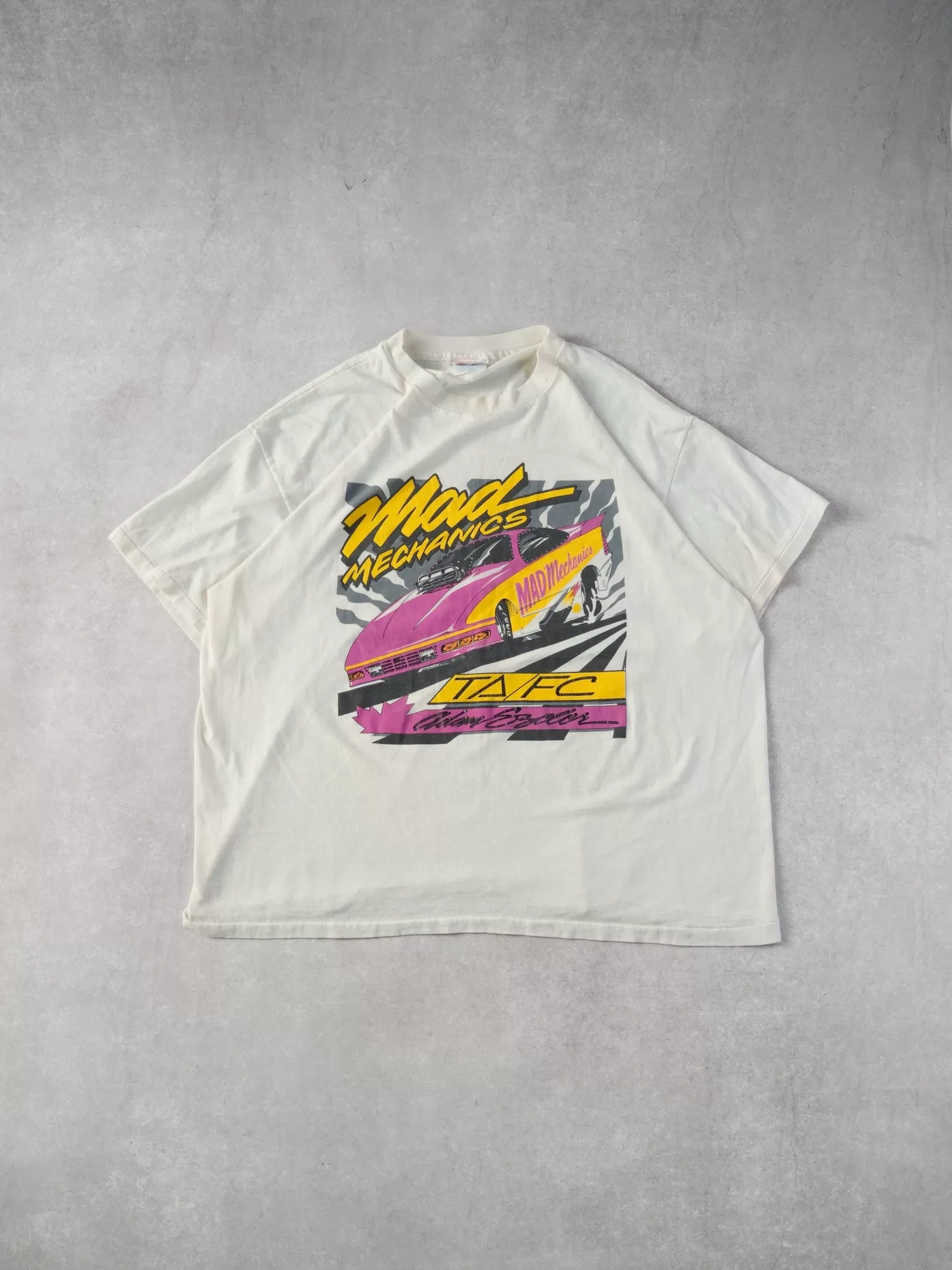 Vintag 90s White Mad Mechanics Drag Racing Graphic Tee (L)