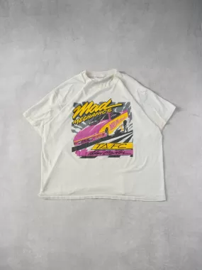 Vintag 90s White Mad Mechanics Drag Racing Graphic Tee (L)