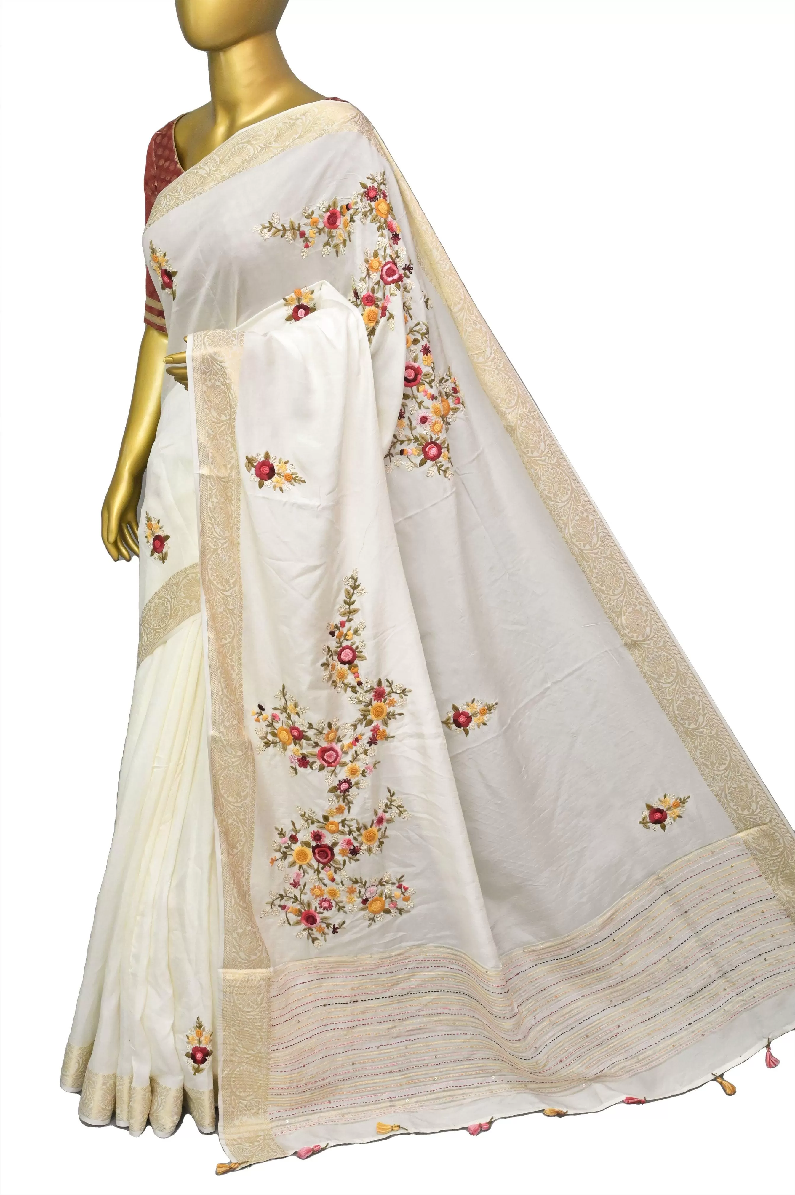 White Color Chinon Banarasi Silk Saree with Hand Kantha & Bullion Embroidery with Sequin Work