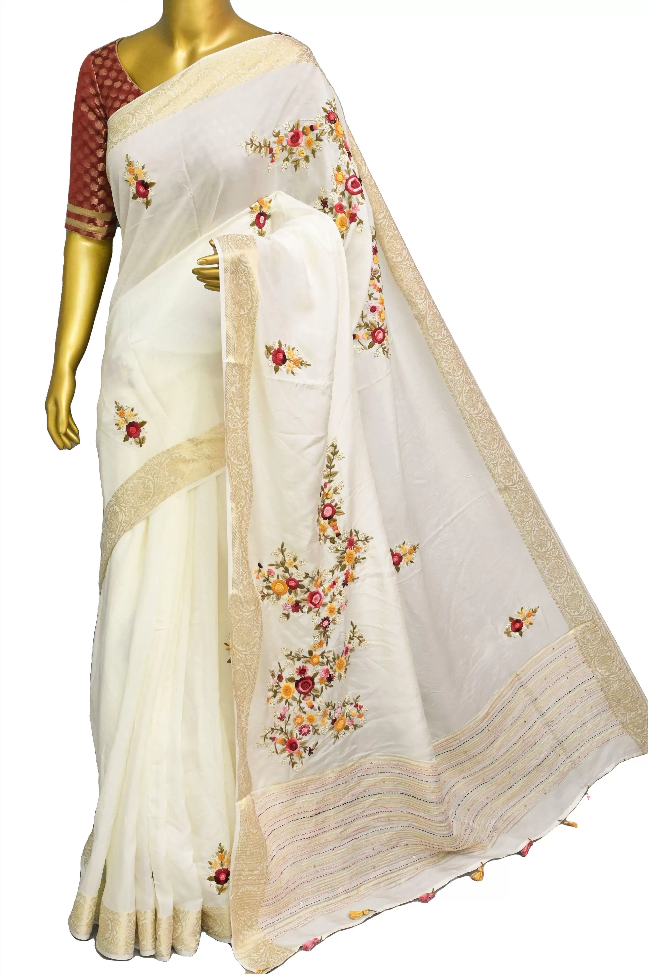 White Color Chinon Banarasi Silk Saree with Hand Kantha & Bullion Embroidery with Sequin Work