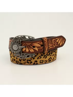 Women's  Angel Ranch Brown Leopard Print Sunflower Tooled Belt With Sunflower Buckle